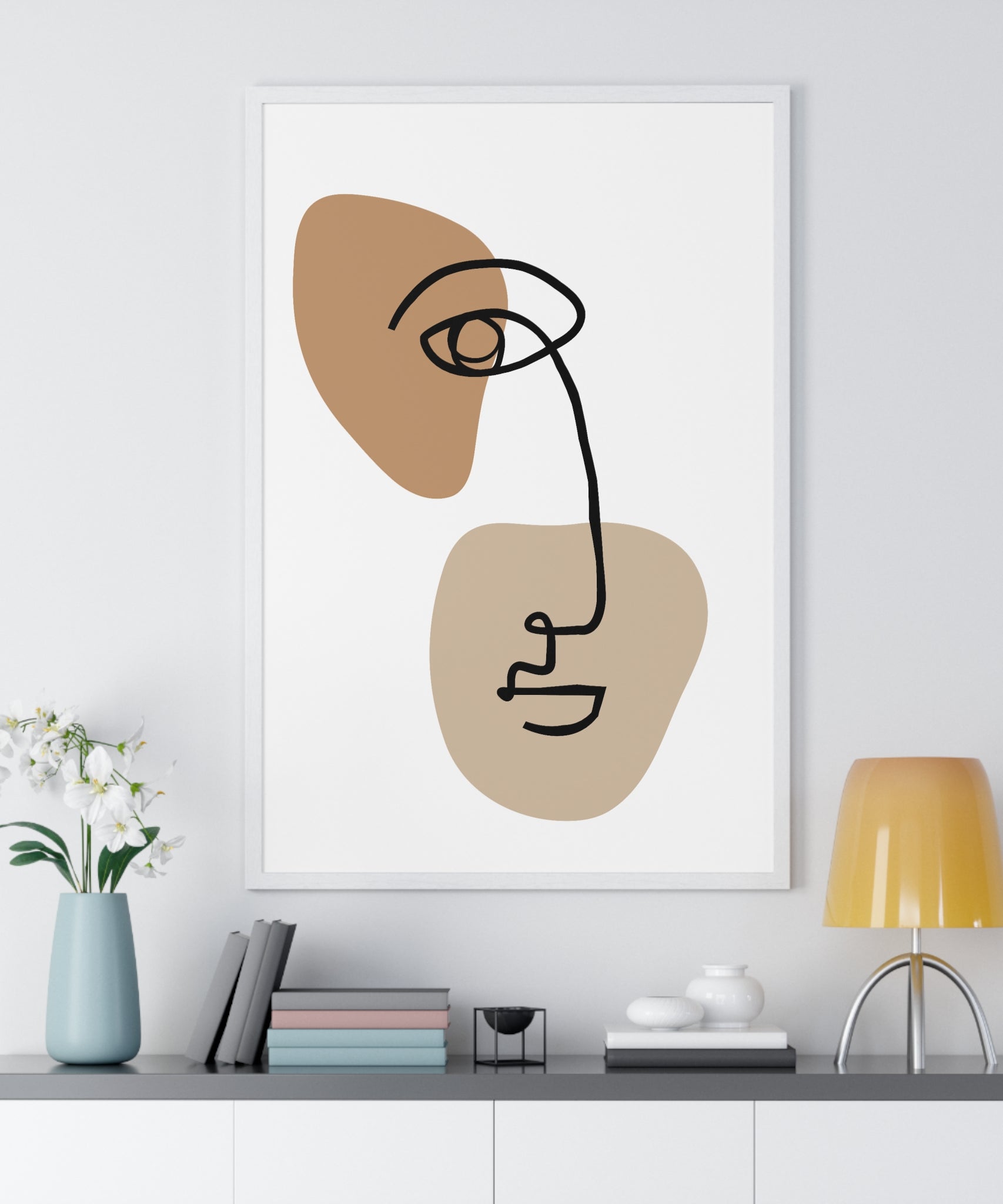 Abstract Face Line Drawing – Wood Frame Poster