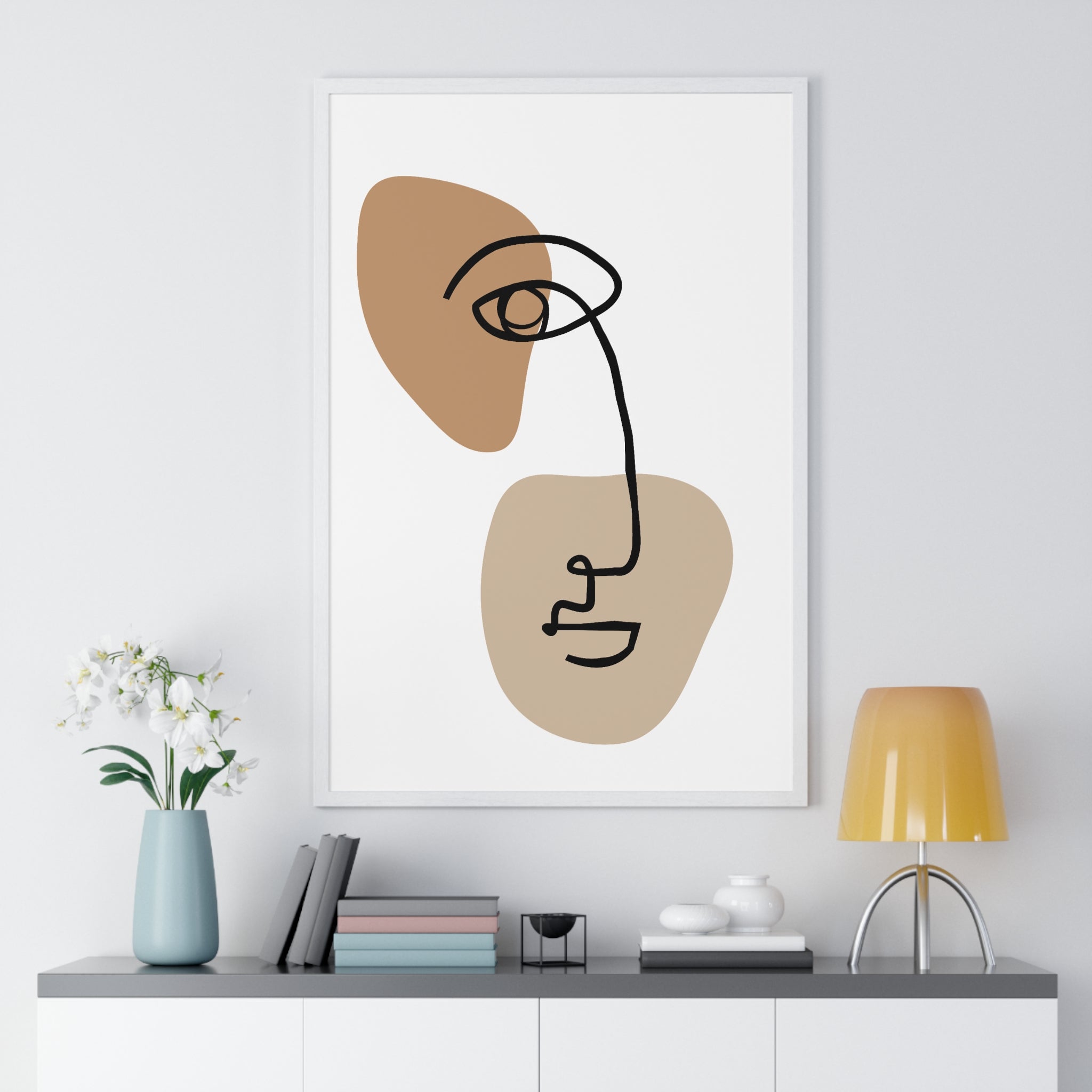 Abstract Face Line Drawing – Wood Frame Poster