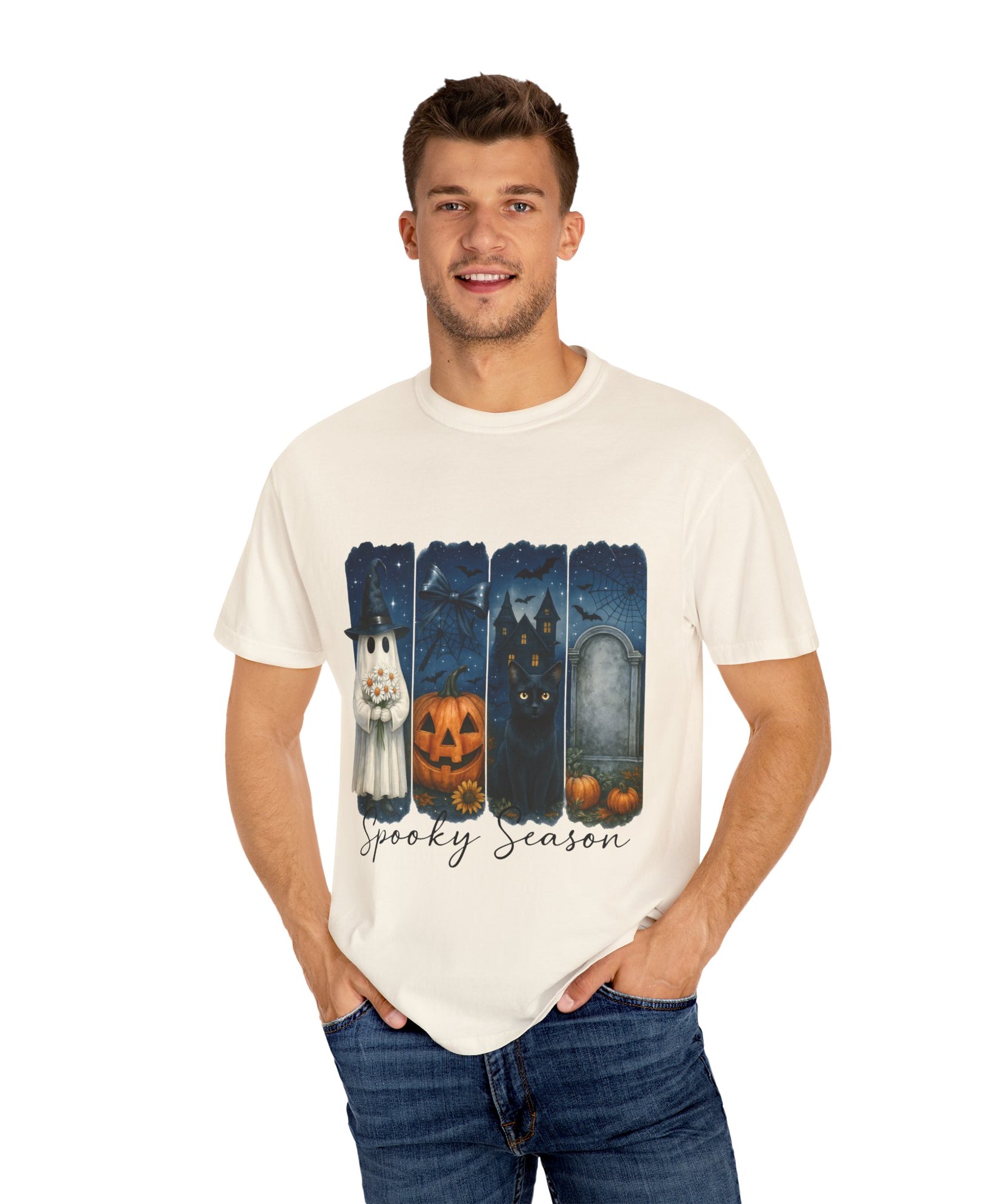 Spooky Season Halloween T-Shirt – Ghost, Black Cat, Pumpkin & Haunted House Design - Gallory Hive