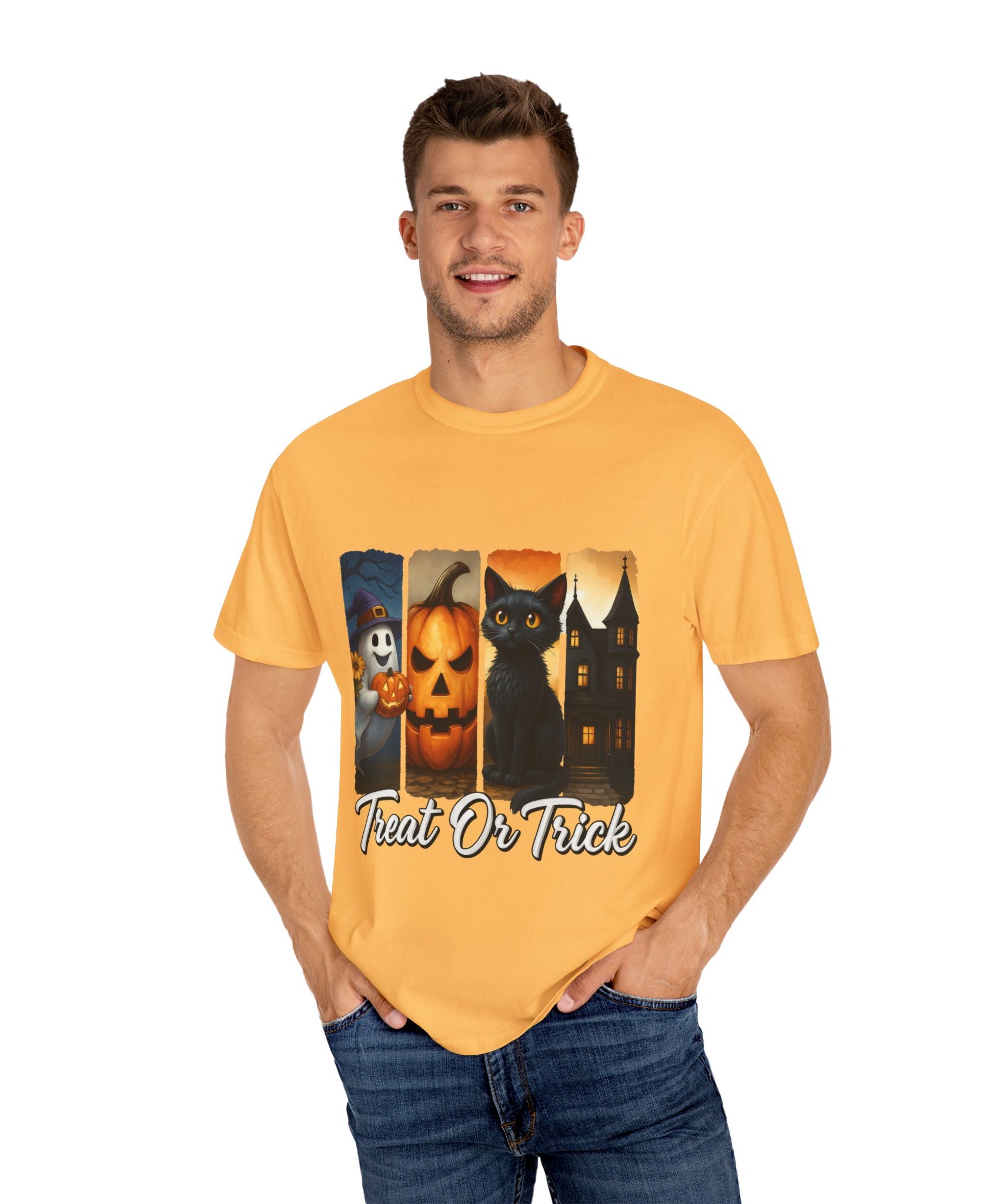 Treat Or Trick Halloween T-Shirt – Cute Ghost, Pumpkin, Black Cat & Haunted House Design - Gallory Hive
