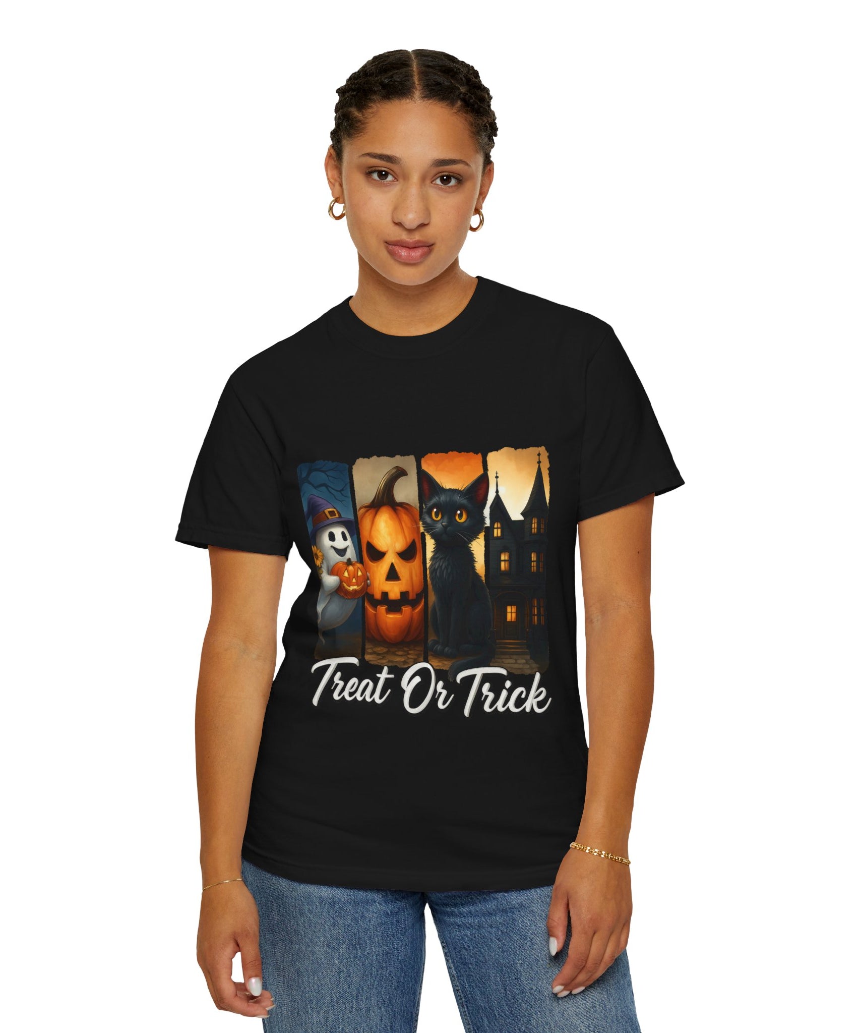 Treat Or Trick Halloween T-Shirt – Cute Ghost, Pumpkin, Black Cat & Haunted House Design - Gallory Hive