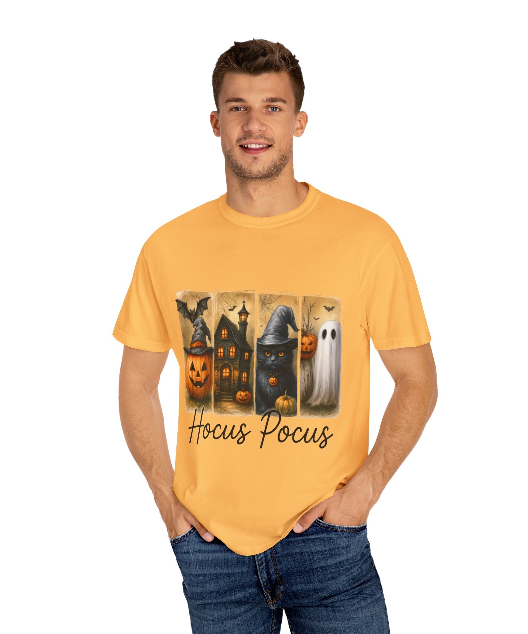 Hocus Pocus Halloween Unisex T-Shirt – Witchy Cat, Haunted House, Pumpkin & Ghost Art - Gallory Hive