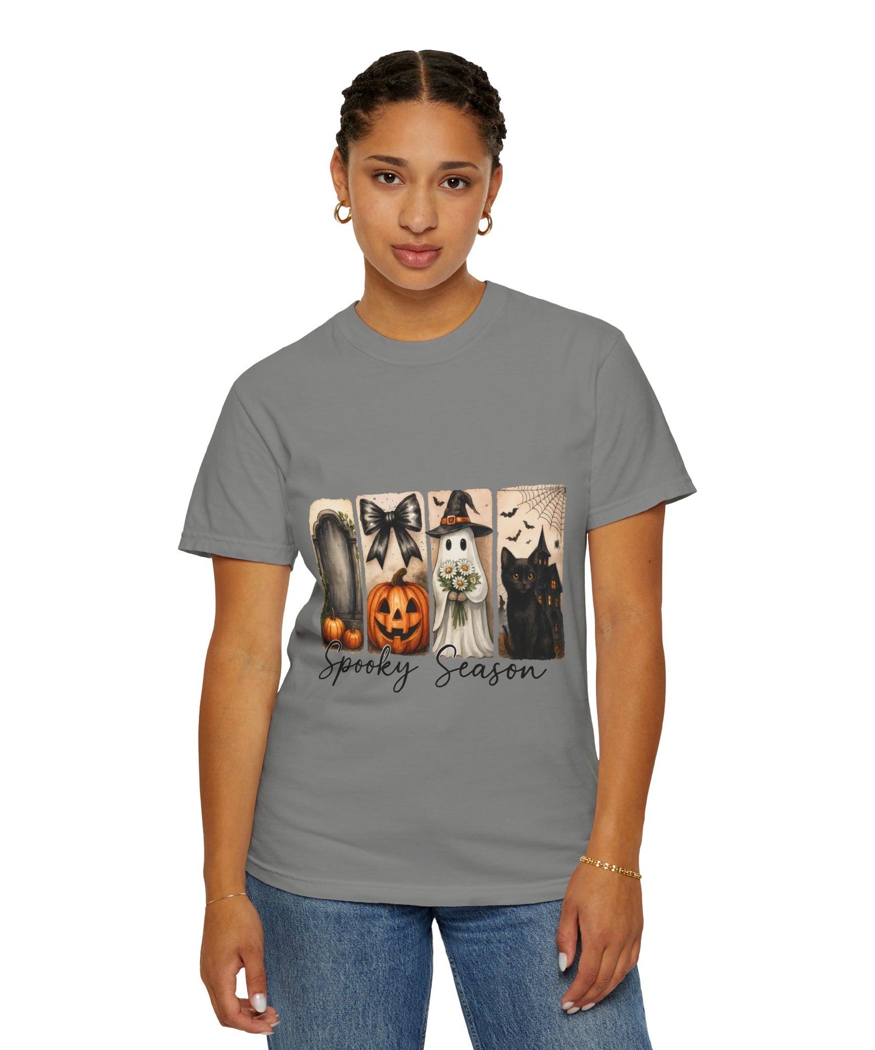 Spooky Season Unisex Halloween T-Shirt – Ghost, Black Cat, Pumpkin & Haunted House Art - Gallory Hive