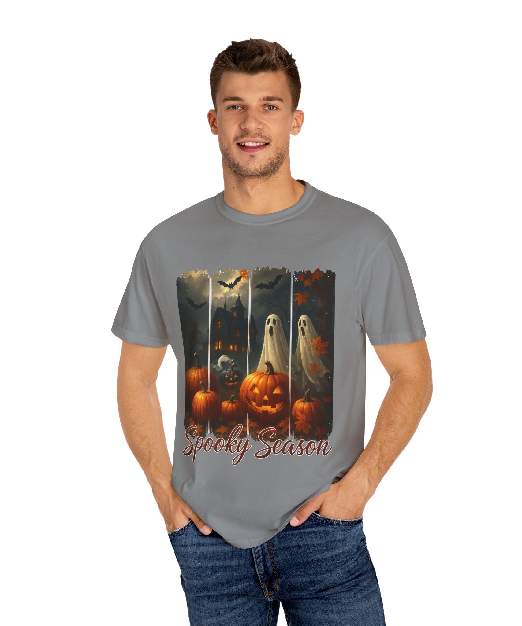 Spooky Season Unisex Halloween T-Shirt – Haunted House, Pumpkins & Ghosts Fall Design - Gallory Hive