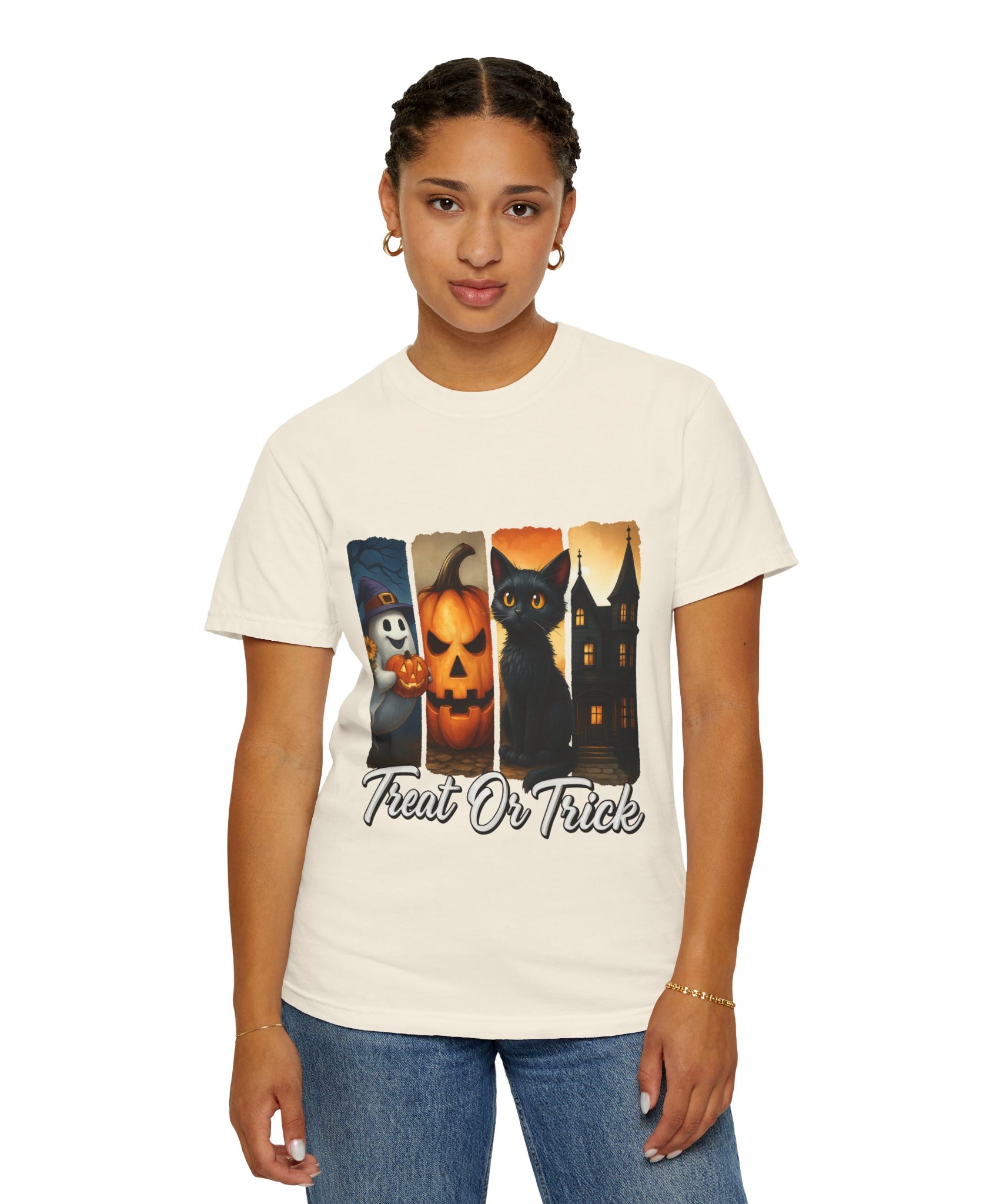 Treat Or Trick Halloween T-Shirt – Cute Ghost, Pumpkin, Black Cat & Haunted House Design - Gallory Hive