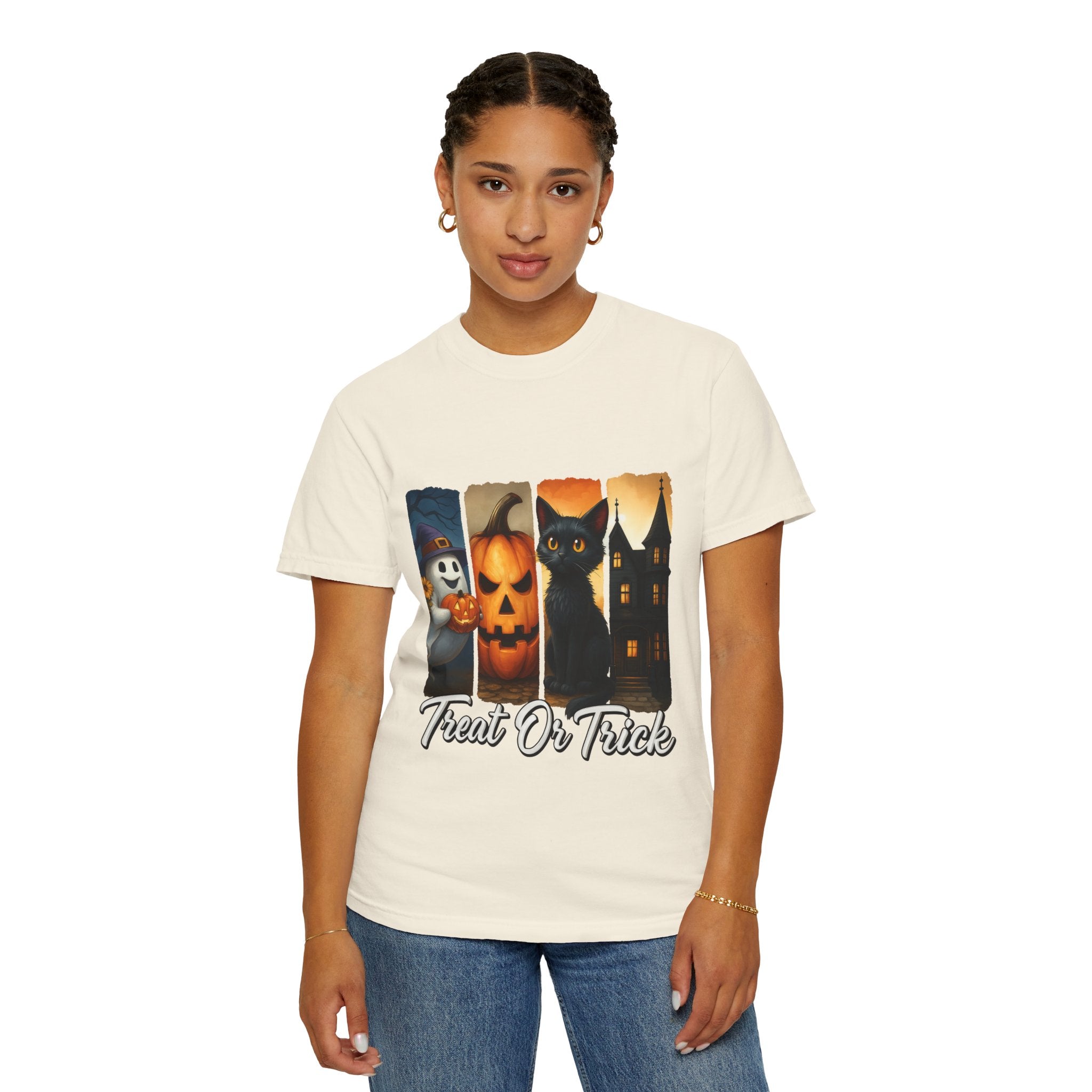 Treat Or Trick Halloween T-Shirt – Cute Ghost, Pumpkin, Black Cat & Haunted House Design - Gallory Hive