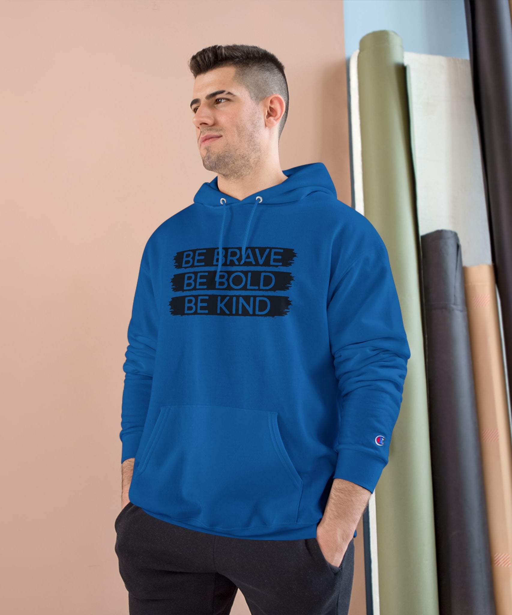 Champion Hoodie - Bold, Brave, Kind Minimalist Hand Sign Print