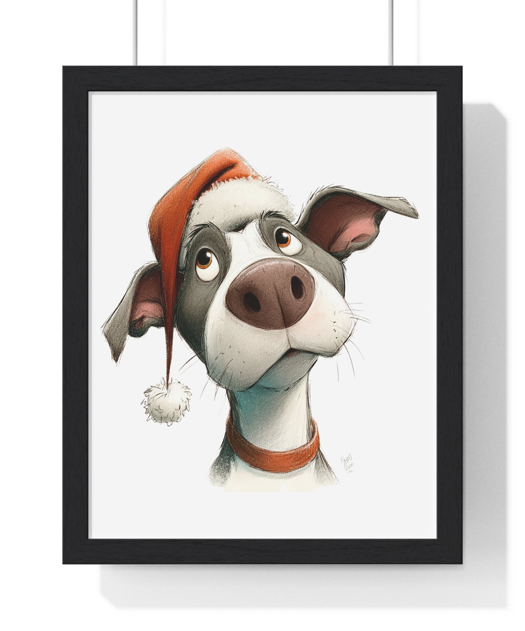 Festive Dog in Santa Hat – Wooden Framed Christmas Wall Décor