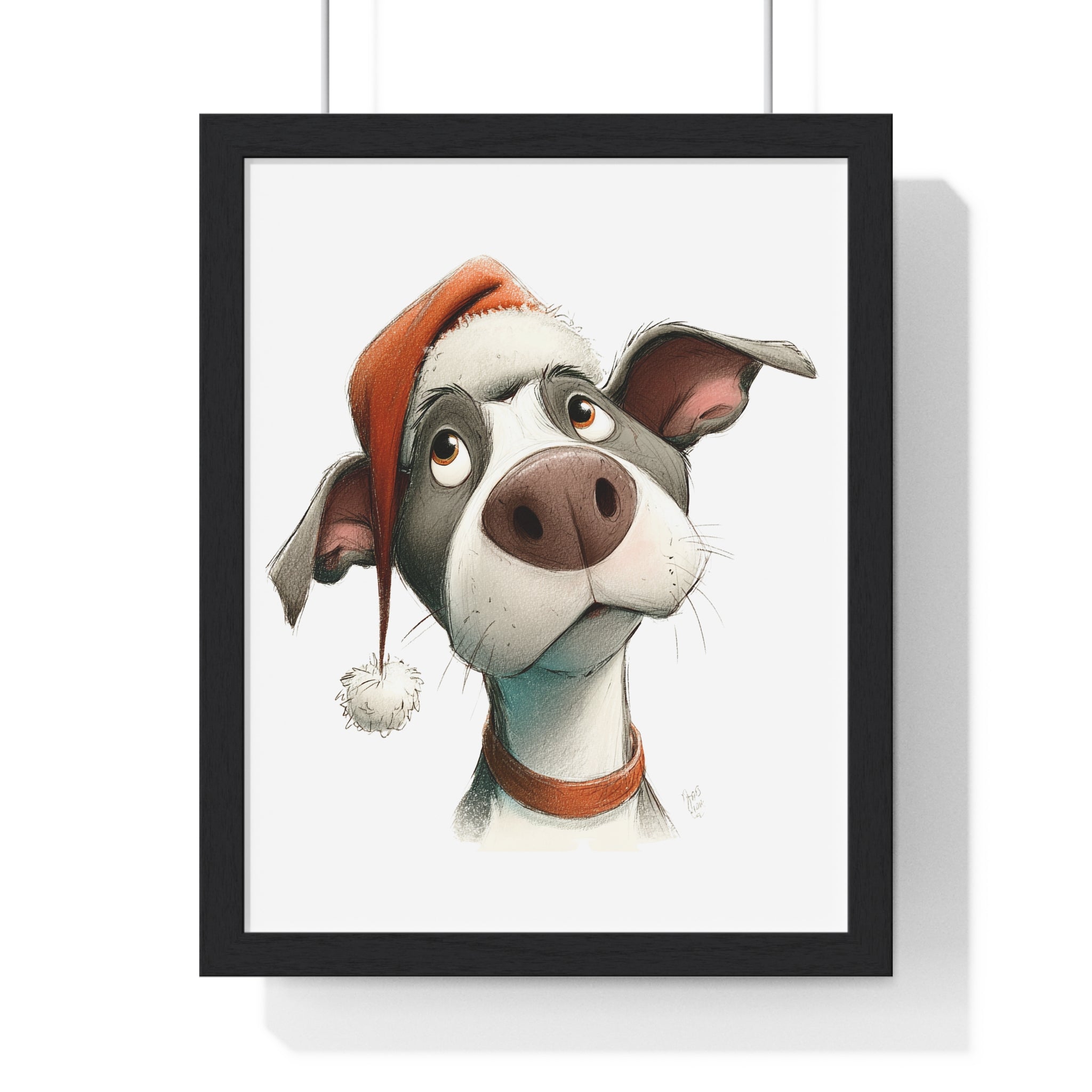 Festive Dog in Santa Hat – Wooden Framed Christmas Wall Décor