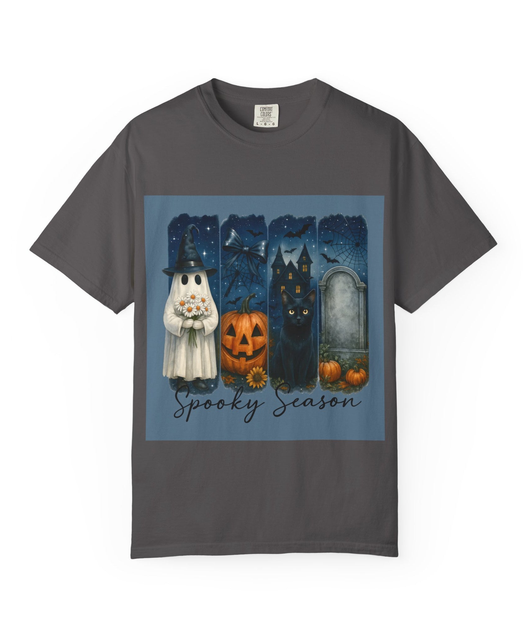 Spooky Season Halloween T-Shirt – Ghost, Black Cat, Pumpkin & Haunted House Design - Gallory Hive
