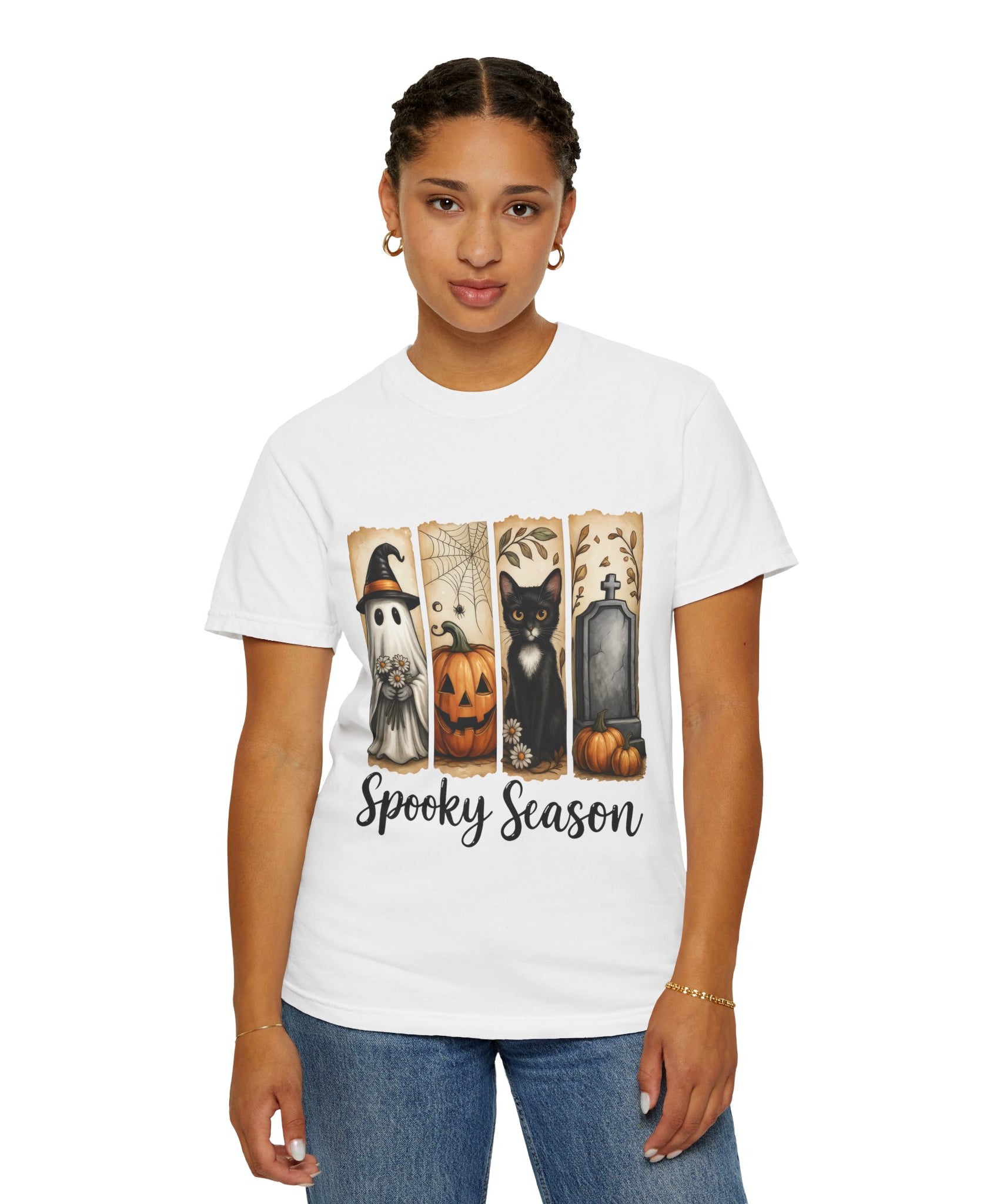 Spooky Season Halloween Unisex T-Shirt – Ghost, Cat & Pumpkin Design - Gallory Hive