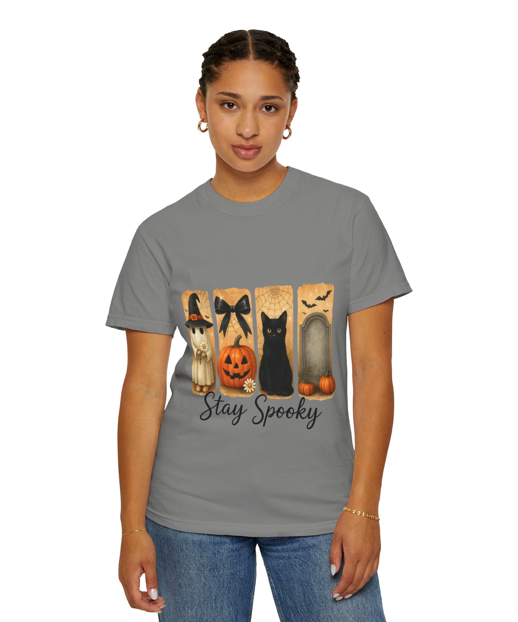 Cute Halloween T-Shirt – Ghost in Witch Hat, Pumpkin, Black Cat & Tombstone Design - Gallory Hive