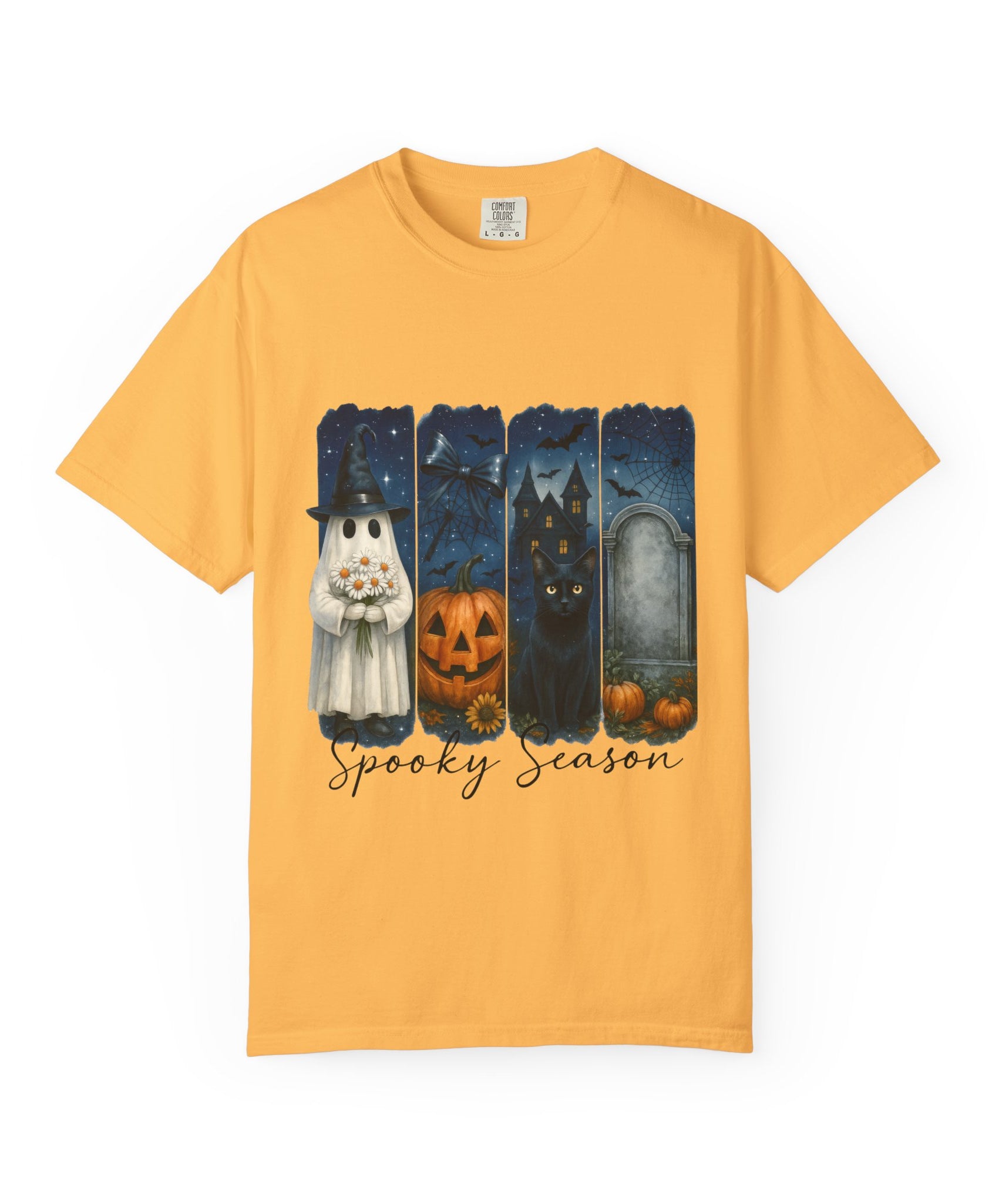 Spooky Season Halloween T-Shirt – Ghost, Black Cat, Pumpkin & Haunted House Design - Gallory Hive