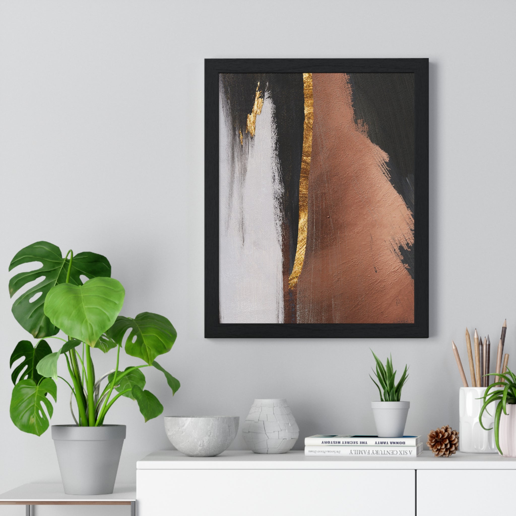 Modern Abstract Wall Art – Bold Black, Copper & Gold Textured Poster on Wooden Frame – Luxury Canvas Print for Home or Office