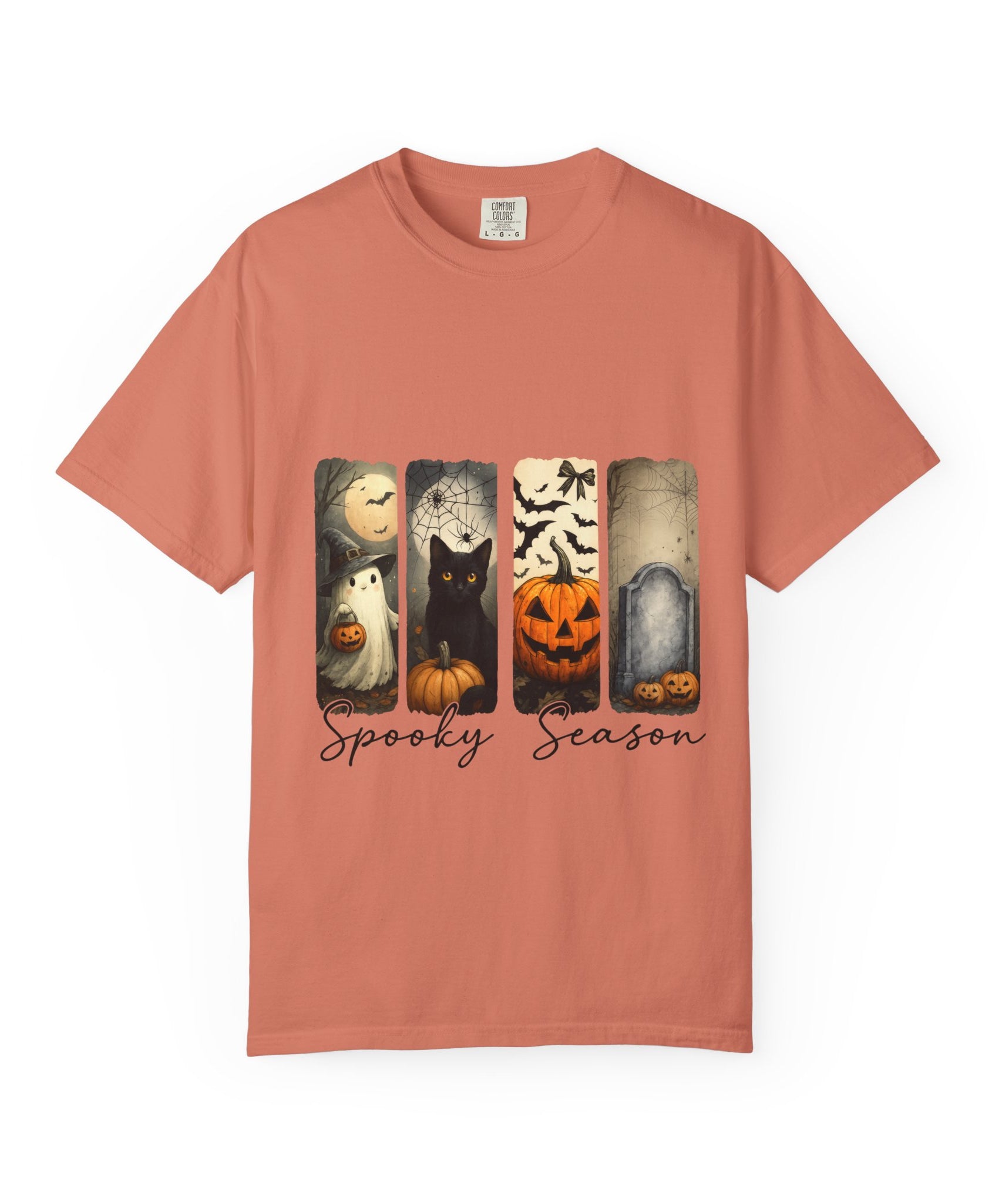 Halloween Night Unisex T-Shirt – Ghost, Black Cat, Pumpkin & Tombstone Vintage Art - Gallory Hive