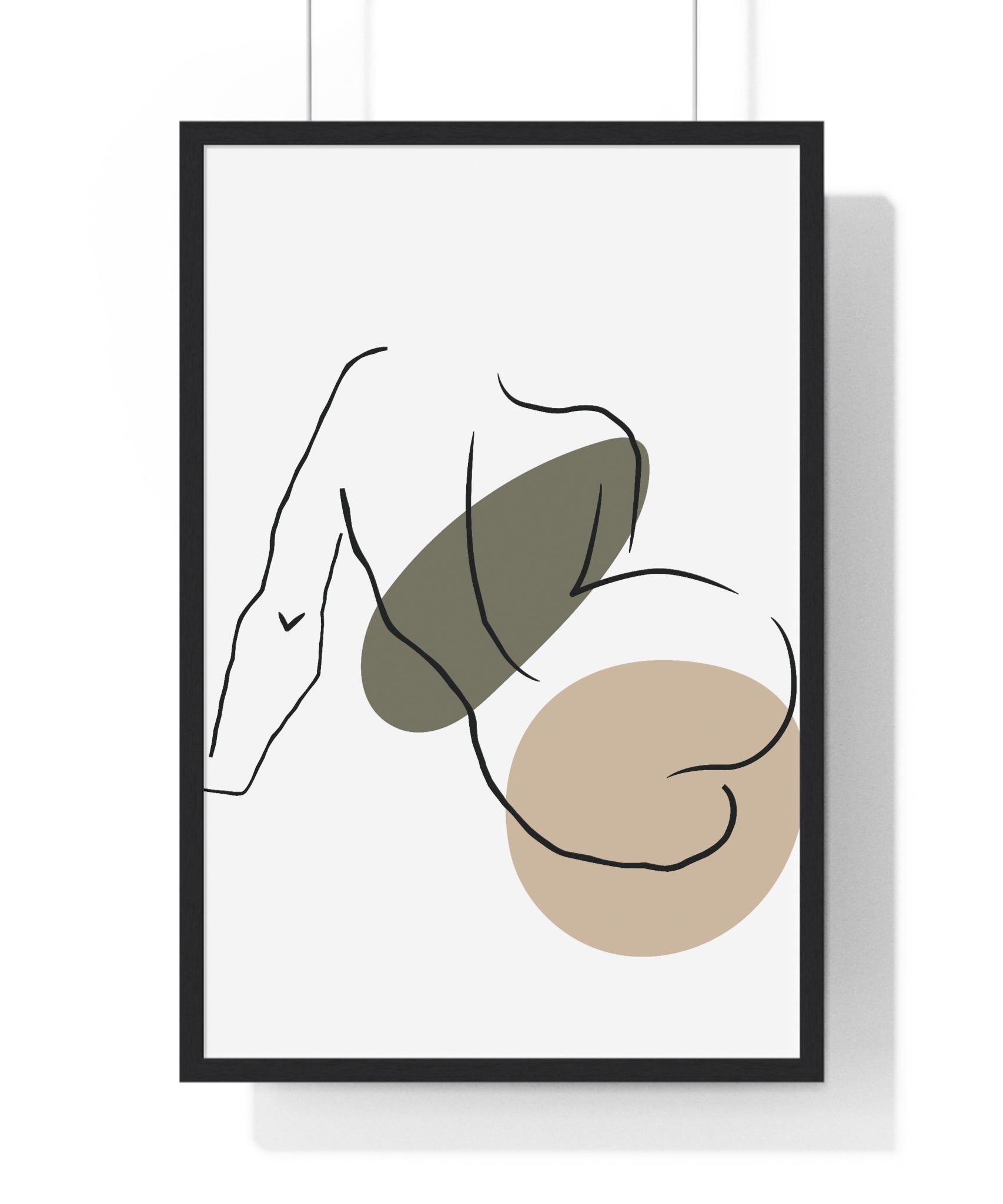 Minimalist Seated Figure Line Art – Abstract Gray & Beige Print in Wooden Frame