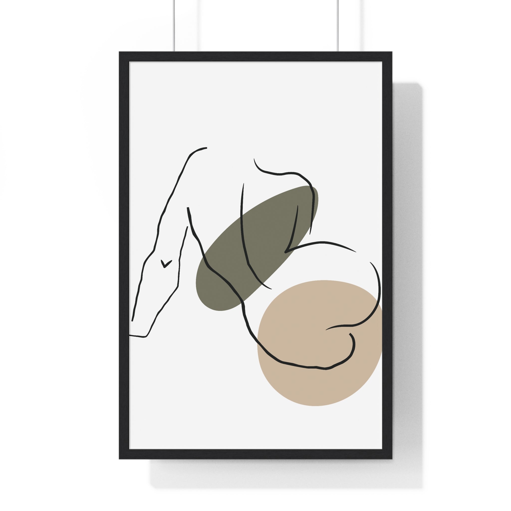 Minimalist Seated Figure Line Art – Abstract Gray & Beige Print in Wooden Frame