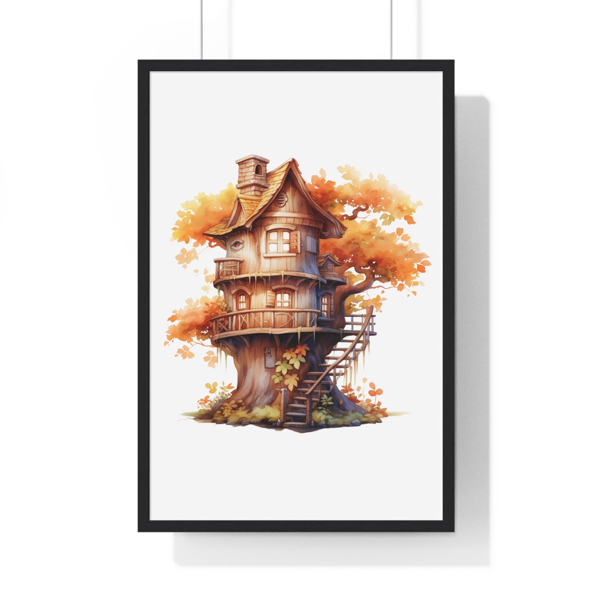 Enchanted Autumn Treehouse Wall Art – Multi-Level Forest Cottage with Balcony & Lanterns | Wooden Frame Seasonal Decor
