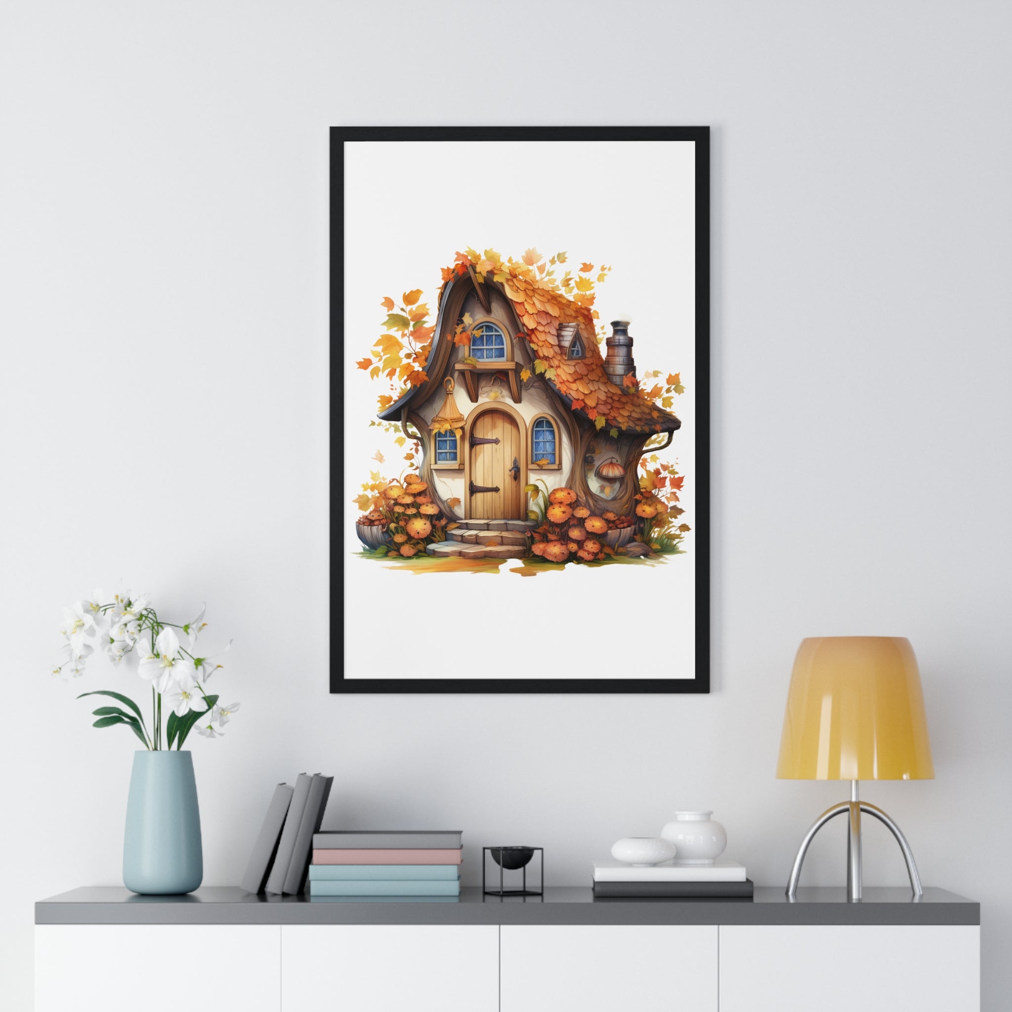 Whimsical Autumn Cottage Wall Art – Pumpkin Garden Fairy-Tale House | Wooden Frame Poster for Seasonal Home Decor