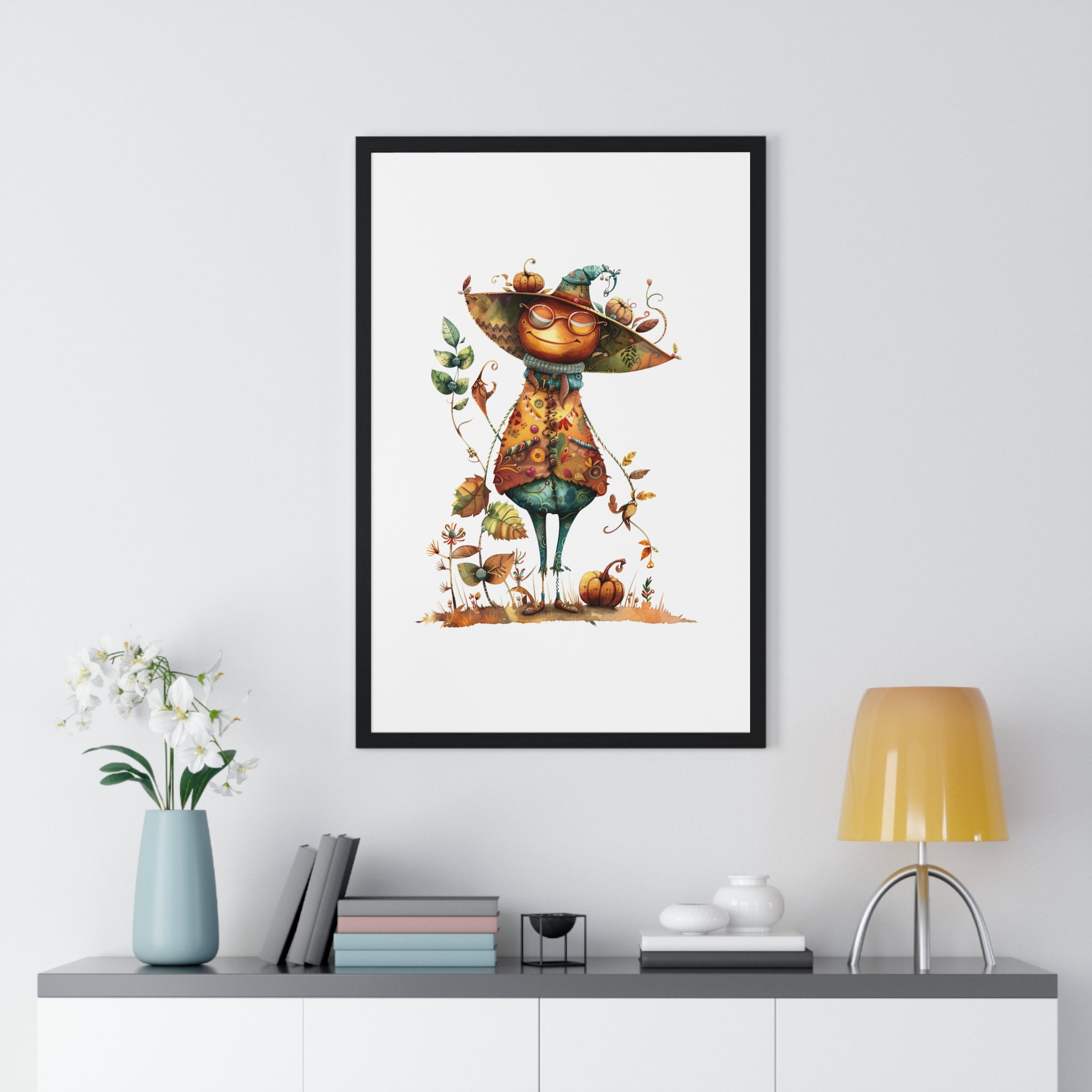 Harvest Scholar – Whimsical Scarecrow Wooden Framed Wall Art