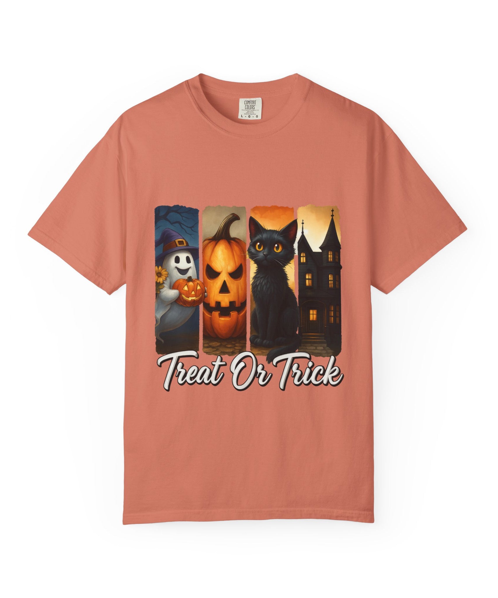 Treat Or Trick Halloween T-Shirt – Cute Ghost, Pumpkin, Black Cat & Haunted House Design - Gallory Hive