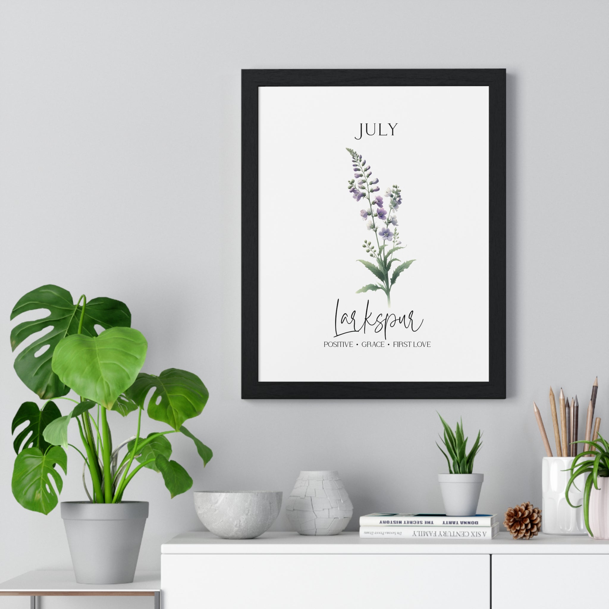 July Birth Flower Wall Art – Larkspur | Wooden Framed Botanical Print