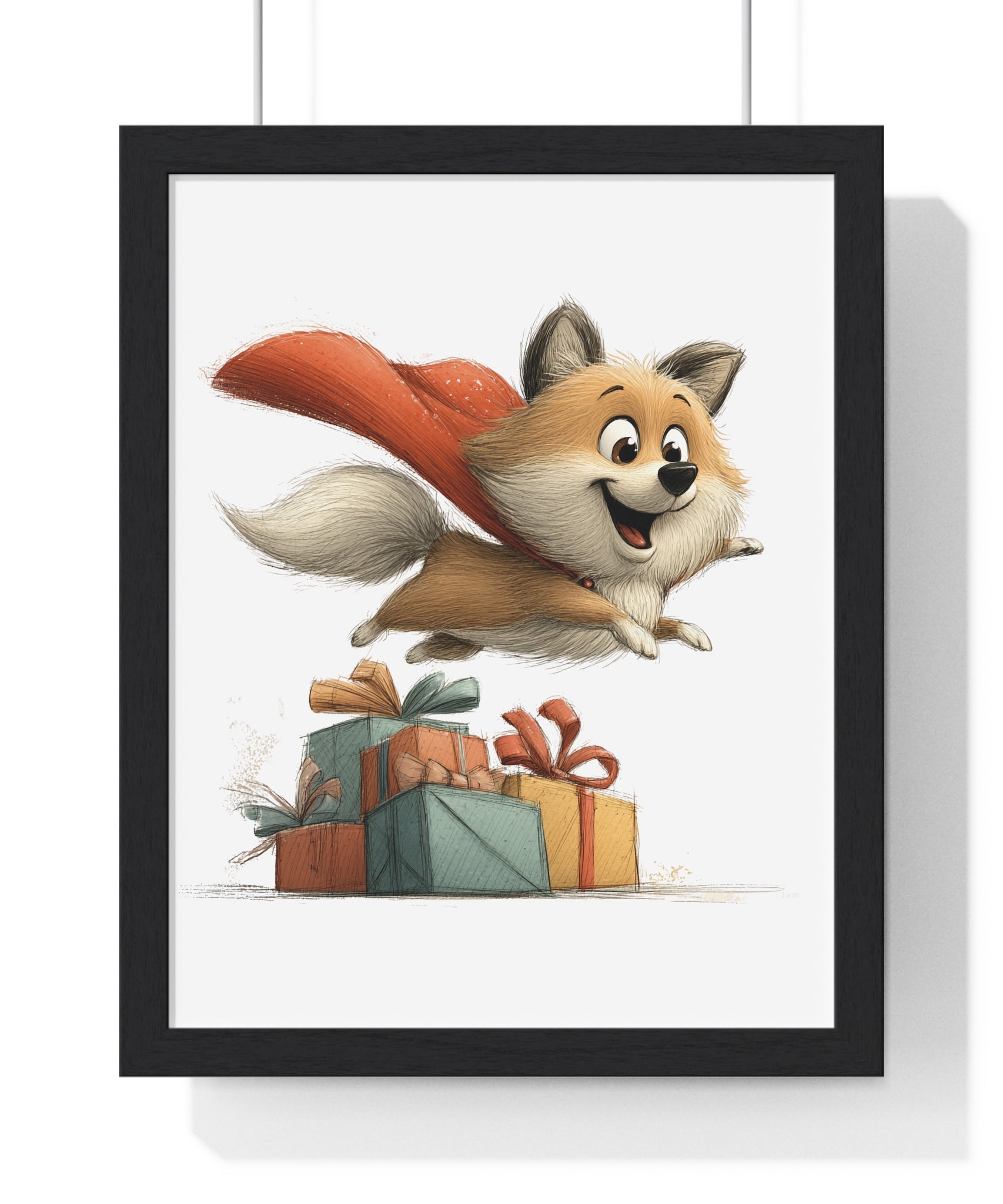 Flying Festive Dog Over Gifts – Wooden Wall Frame Holiday Decor