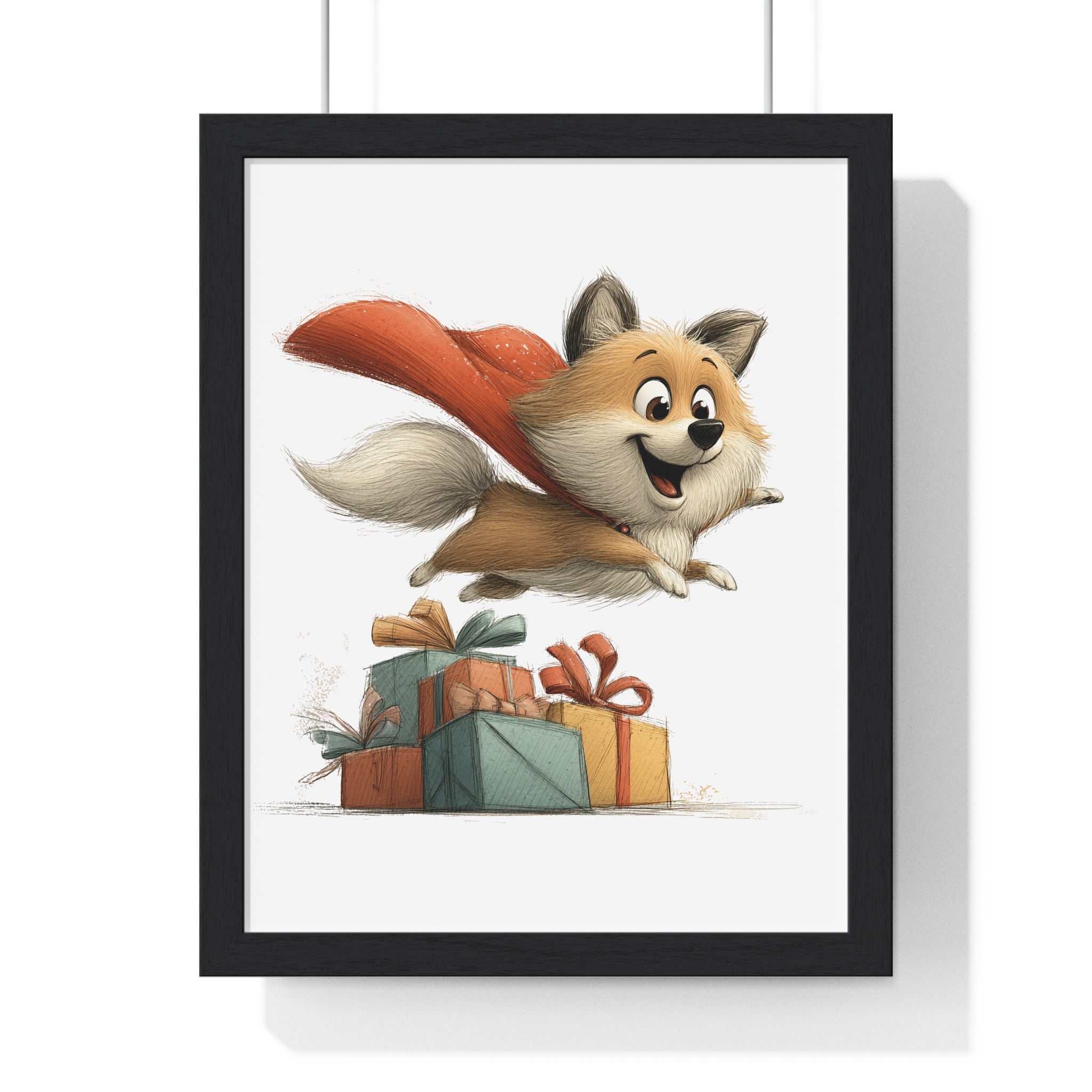 Flying Festive Dog Over Gifts – Wooden Wall Frame Holiday Decor - Gallory Hive