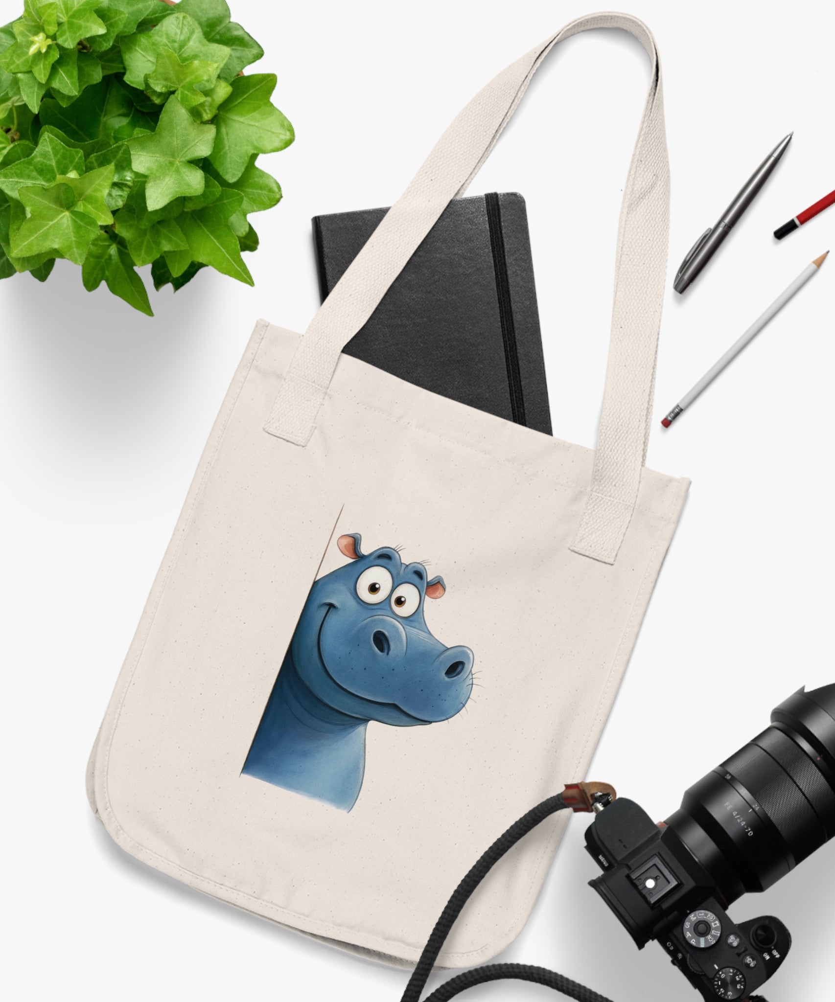 Whimsical Hippo Organic Canvas Tote Bag, Eco-Friendly Shopping Bag, Cute Animal Tote, Summer Outing Bag, Gift for Animal Lovers