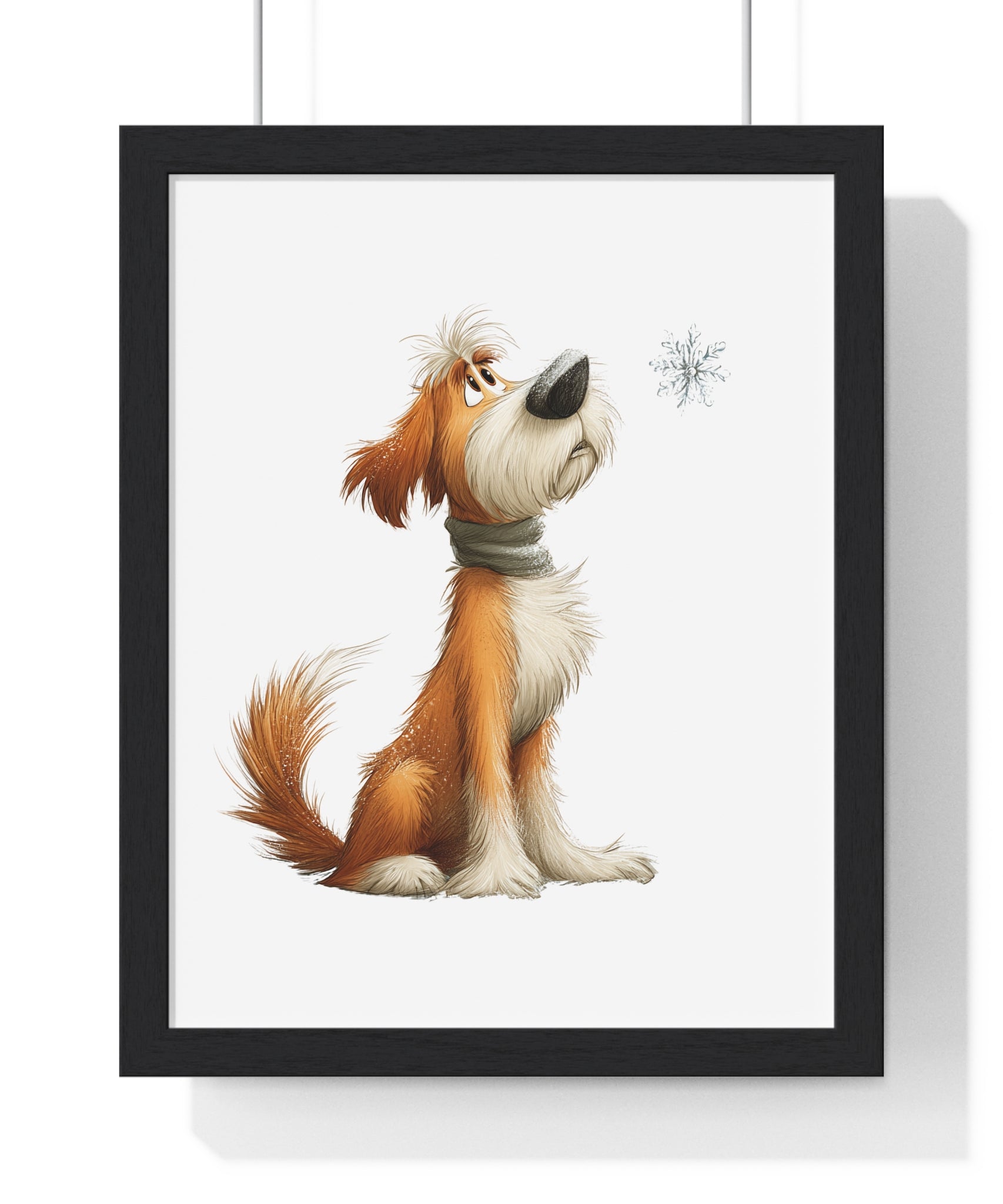Thoughtful Dog Watching Snowflake - Framed Winter Wall Art