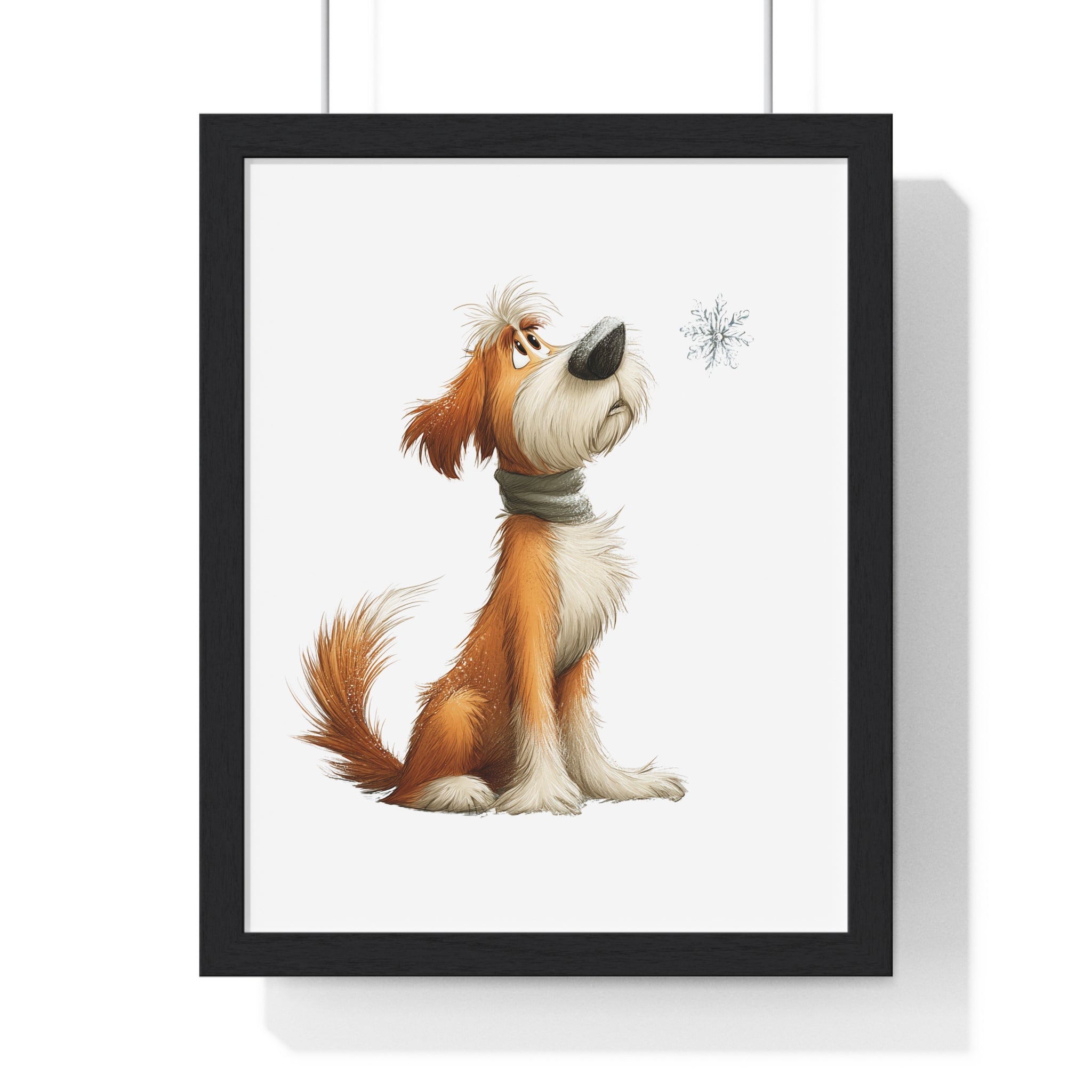 Thoughtful Dog Watching Snowflake - Framed Winter Wall Art