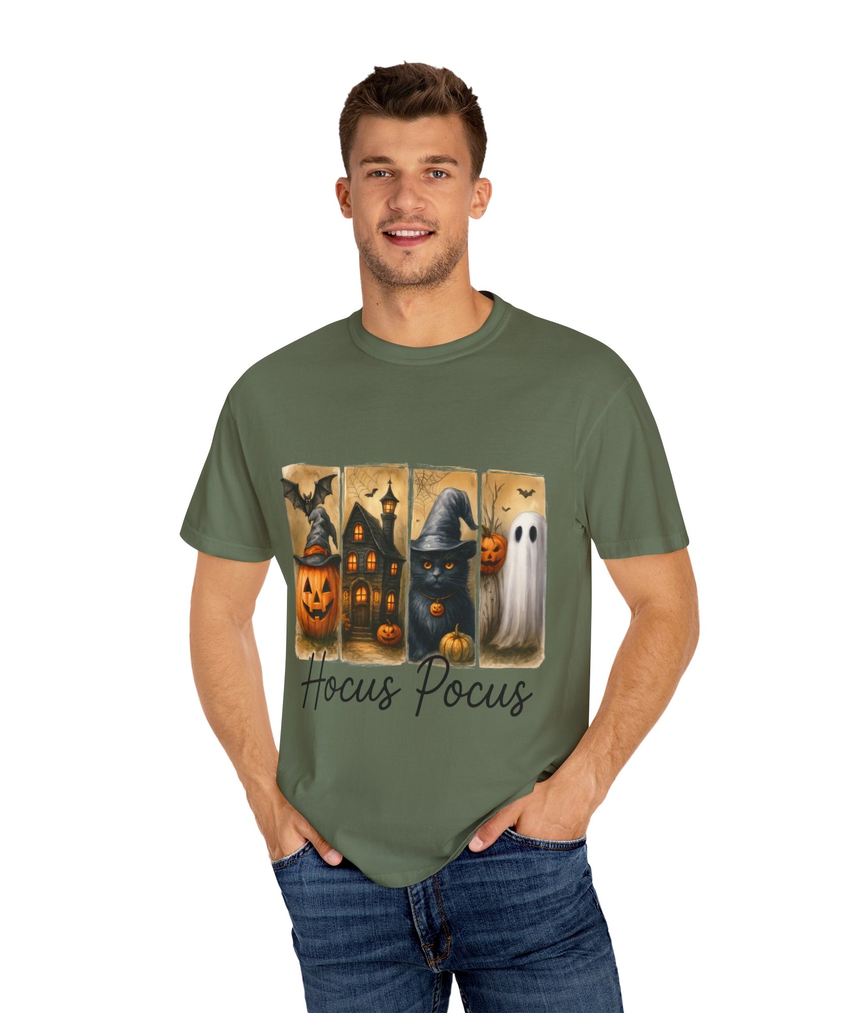 Hocus Pocus Halloween Unisex T-Shirt – Witchy Cat, Haunted House, Pumpkin & Ghost Art - Gallory Hive