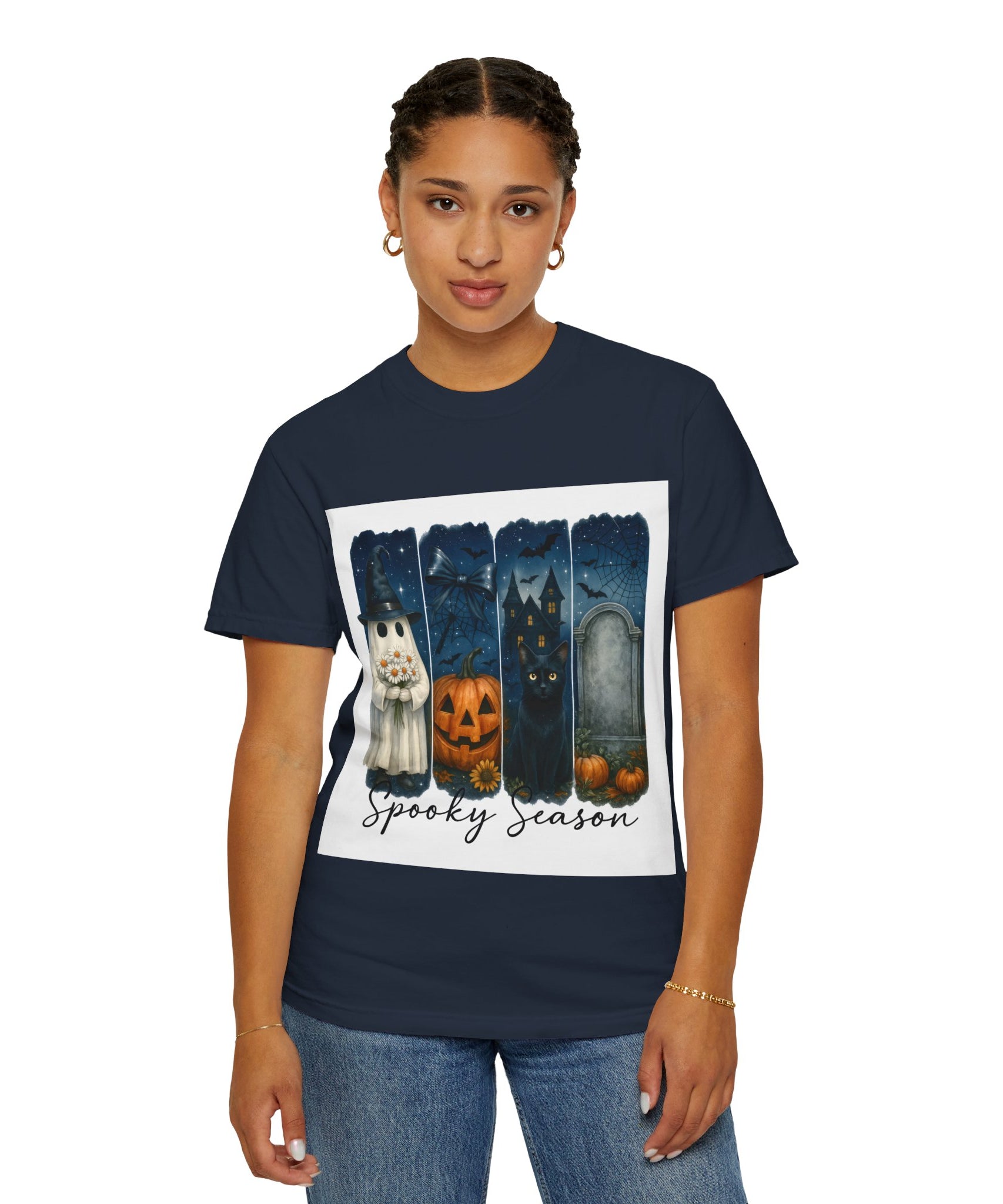 Spooky Season Halloween T-Shirt – Ghost, Black Cat, Pumpkin & Haunted House Design - Gallory Hive