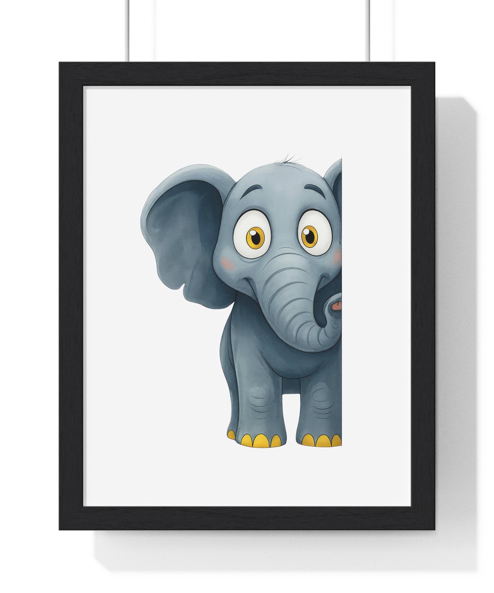Peekaboo Cartoon Elephant Wall Art – Wooden Frame Decor for Kids' Room