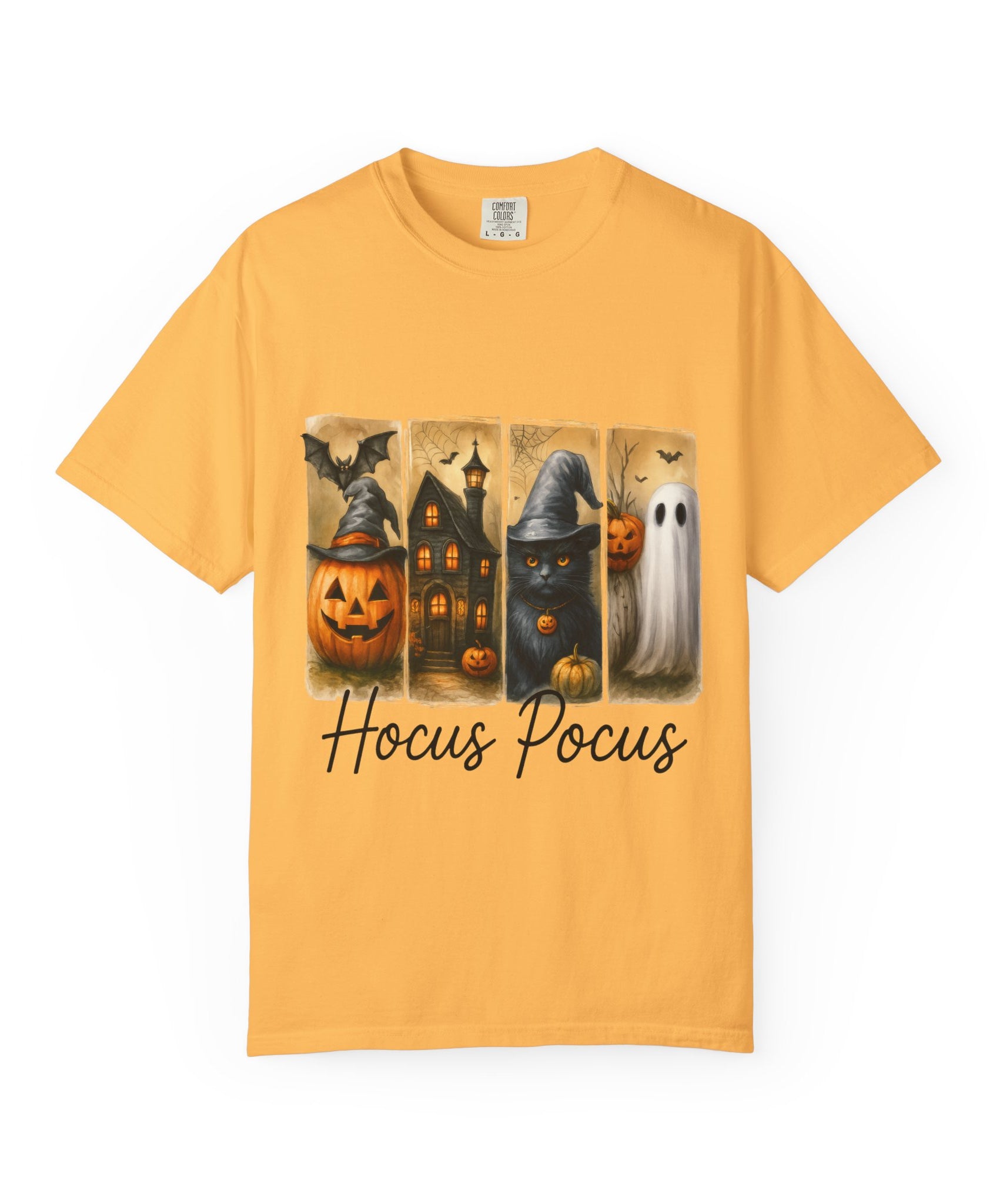 Hocus Pocus Halloween Unisex T-Shirt – Witchy Cat, Haunted House, Pumpkin & Ghost Art