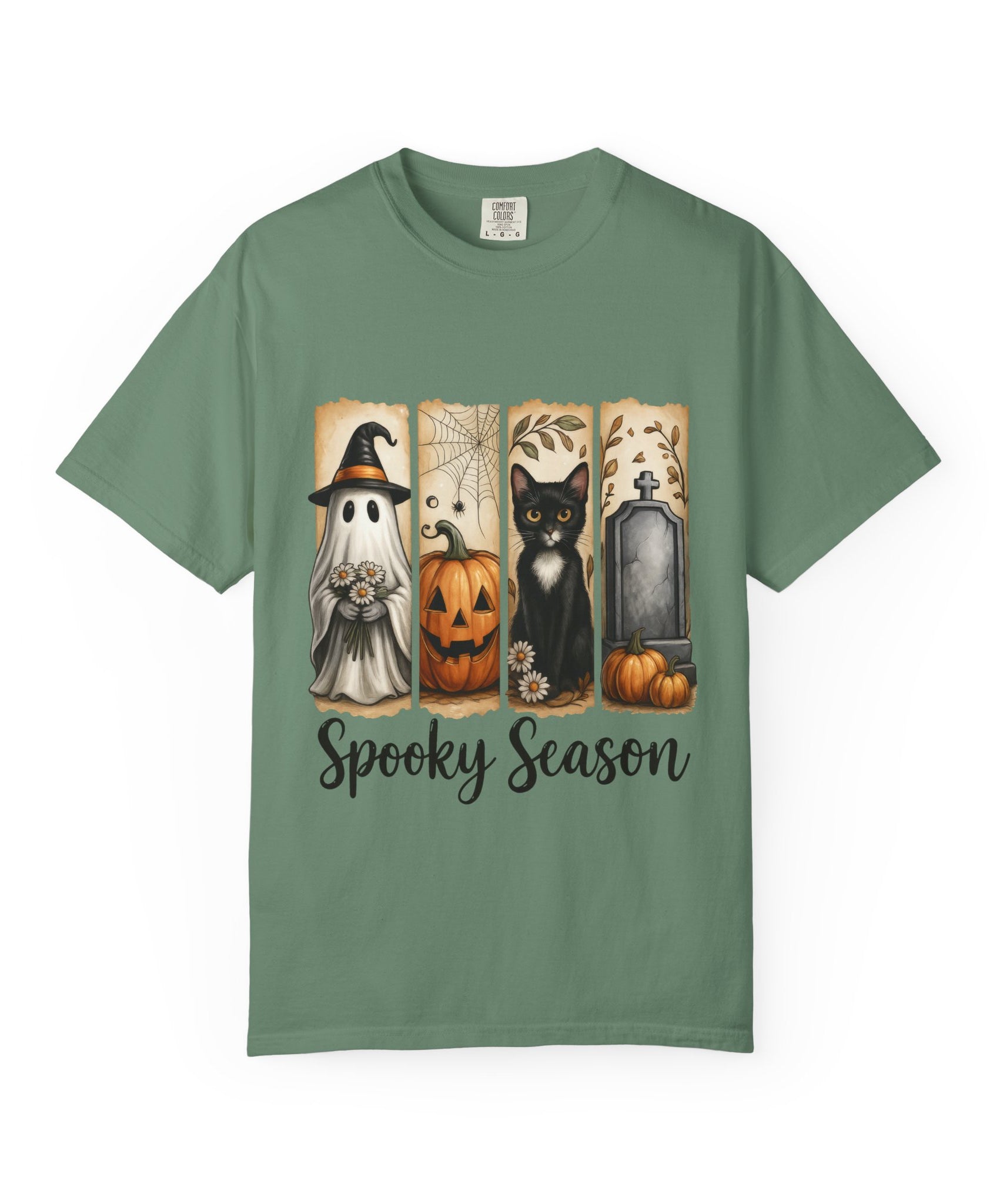Spooky Season Halloween Unisex T-Shirt – Ghost, Cat & Pumpkin Design - Gallory Hive