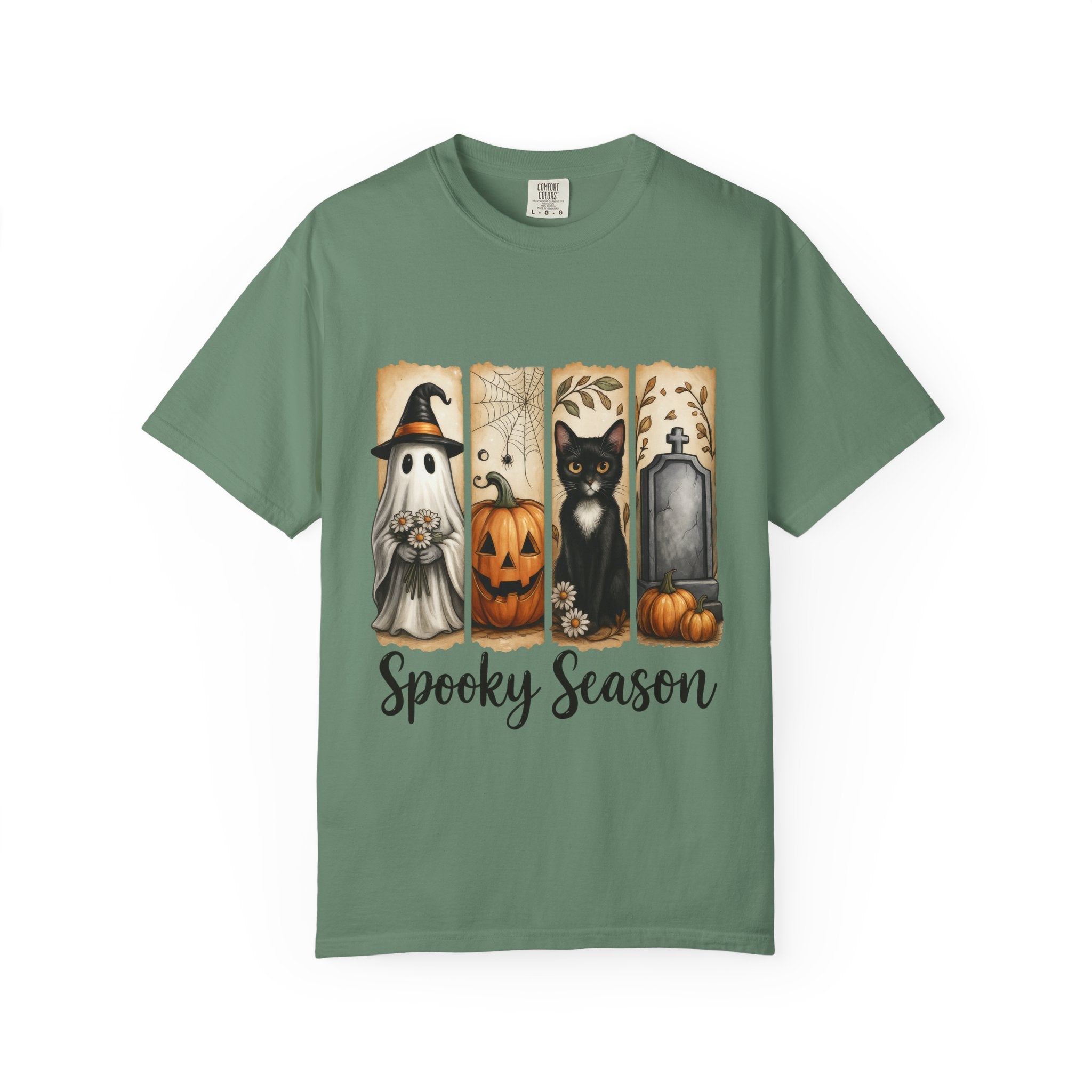 Spooky Season Halloween Unisex T-Shirt – Ghost, Cat & Pumpkin Design - Gallory Hive