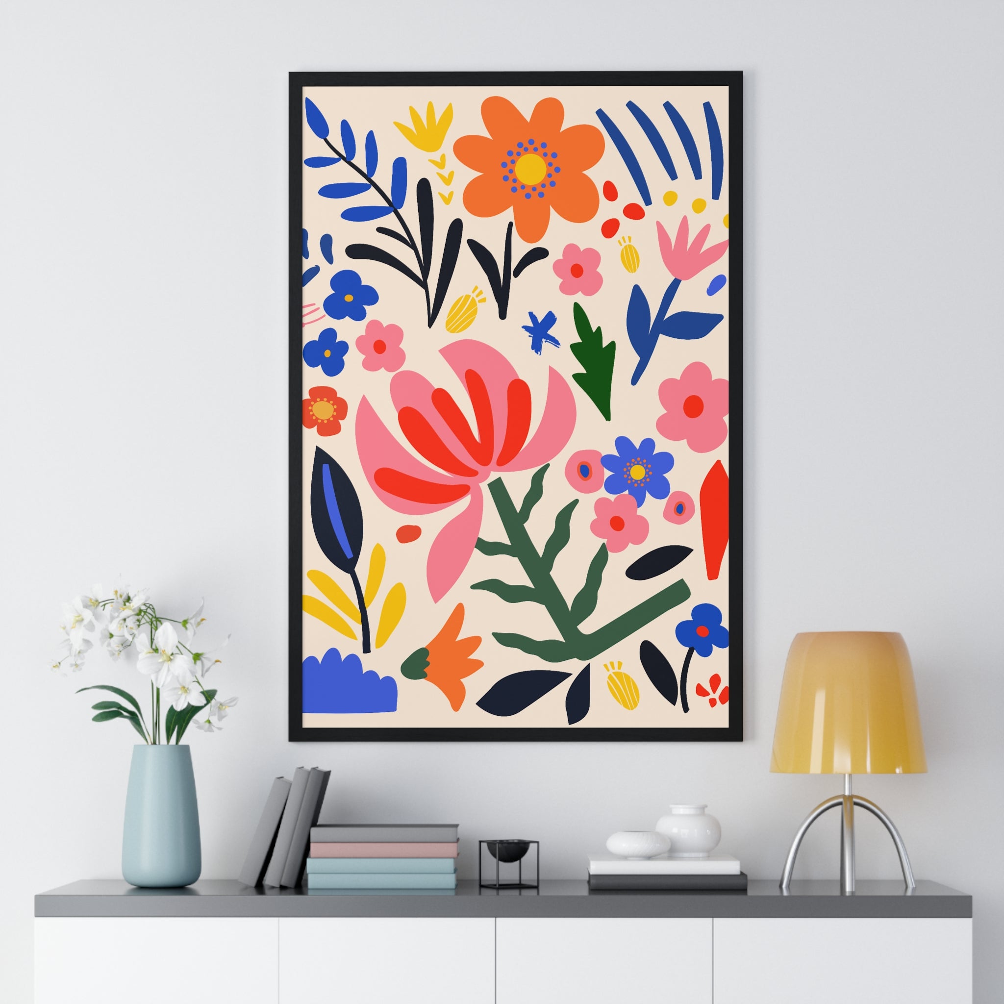 Vibrant Exotic Palm Leaf Art on Purple Grid in Premium Frame