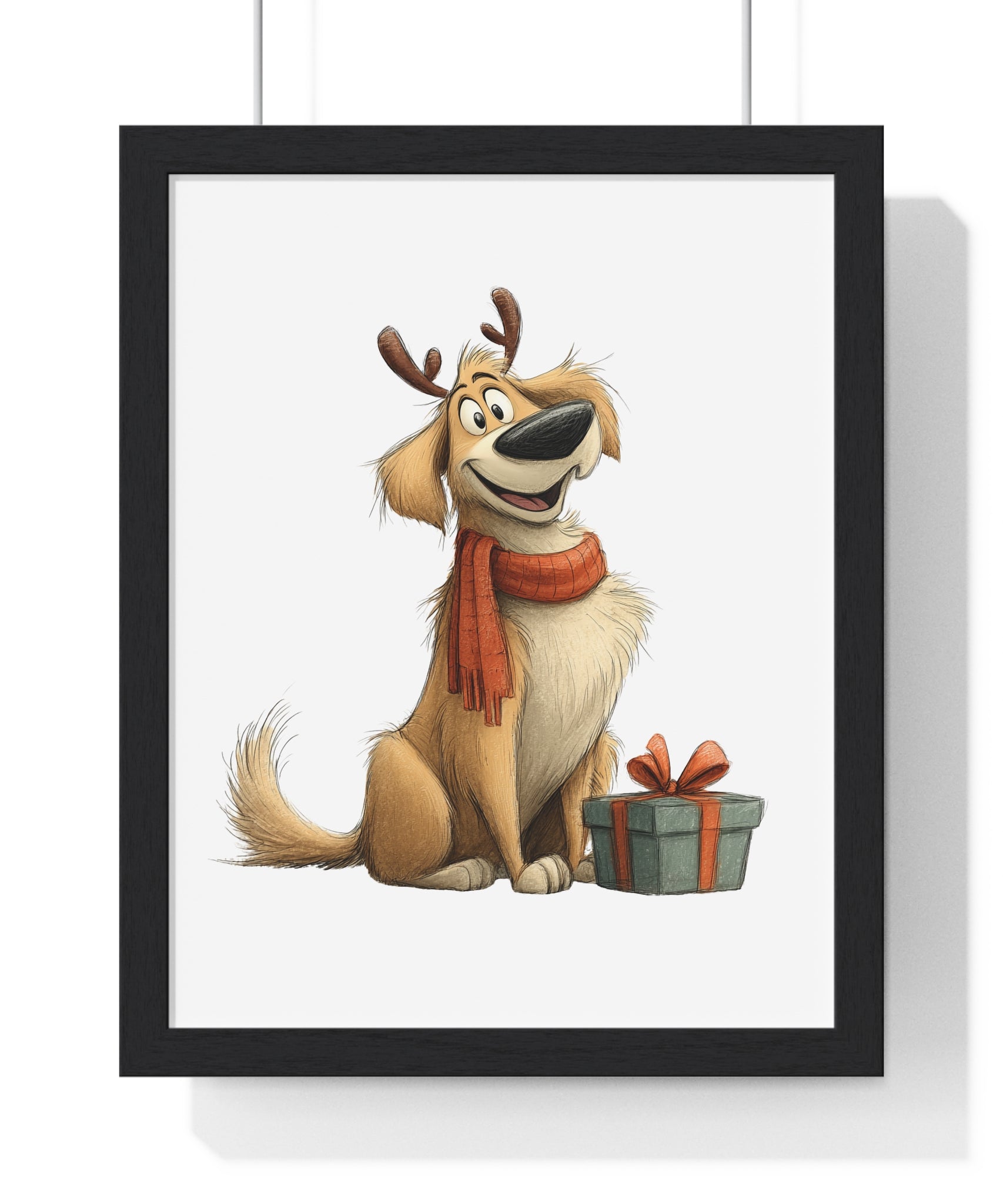 Reindeer Dog with Gift – Wooden Wall Frame Holiday Home Decor