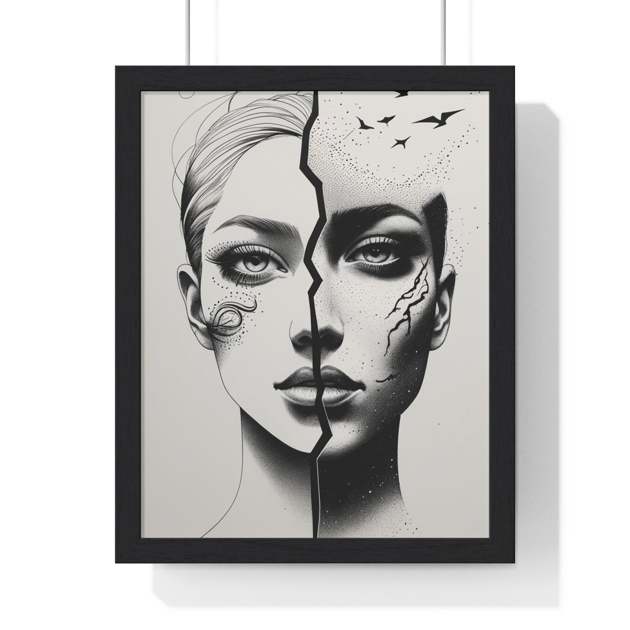 Vertical Framed Poster, Artistic Split Face Poster, Abstract Wall Art, Modern Home Decor, Unique Gift for Art Lovers, Stylish Room - Gallory Hive