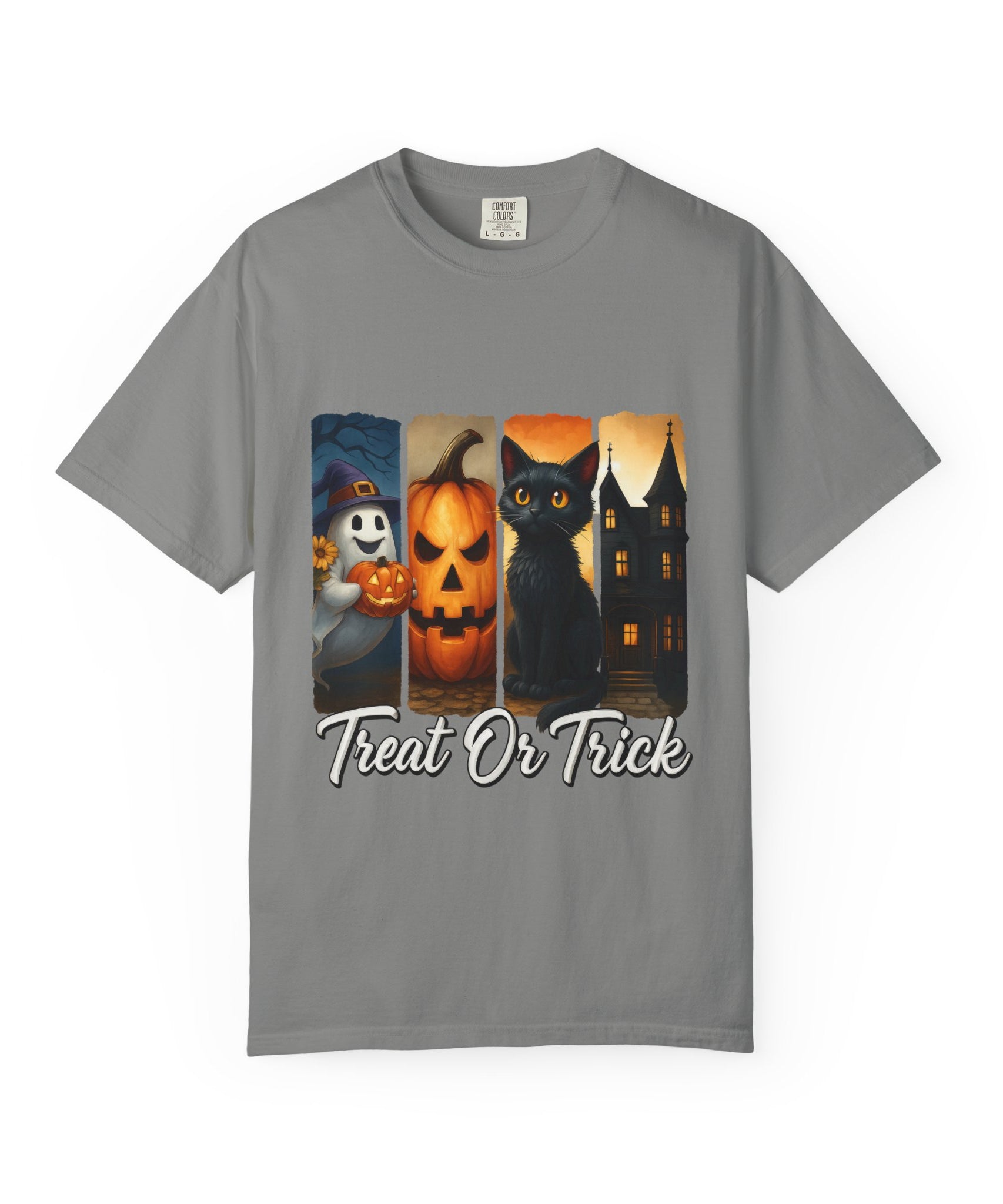 Treat Or Trick Halloween T-Shirt – Cute Ghost, Pumpkin, Black Cat & Haunted House Design - Gallory Hive