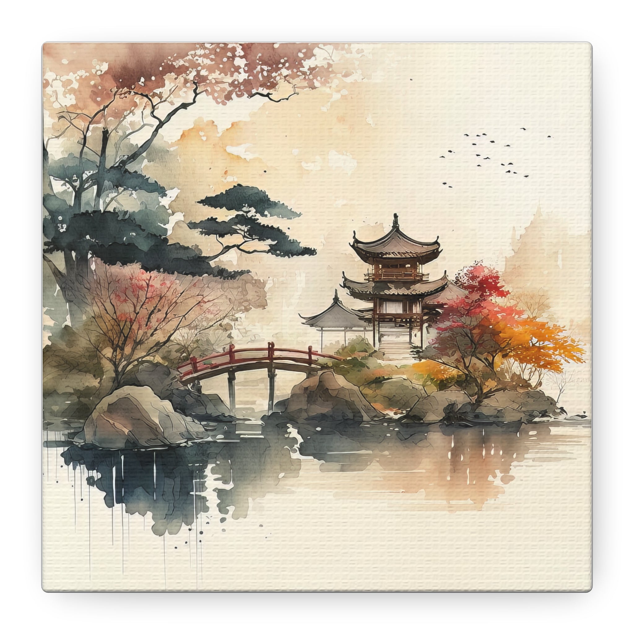 Serene Autumn Temple – Japanese Watercolor Landscape Art Print, Floral Canvas Print, Asian-Inspired Home Decor