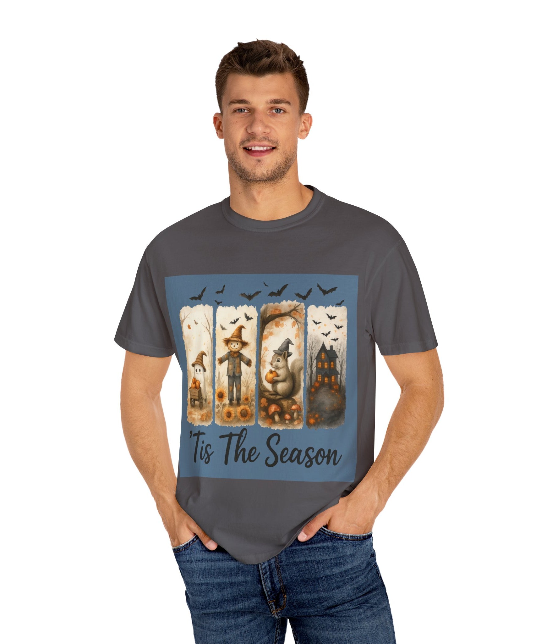 Tis The Season Fall Halloween T-Shirt – Cute Ghost, Scarecrow, Squirrel & Haunted House Design - Gallory Hive