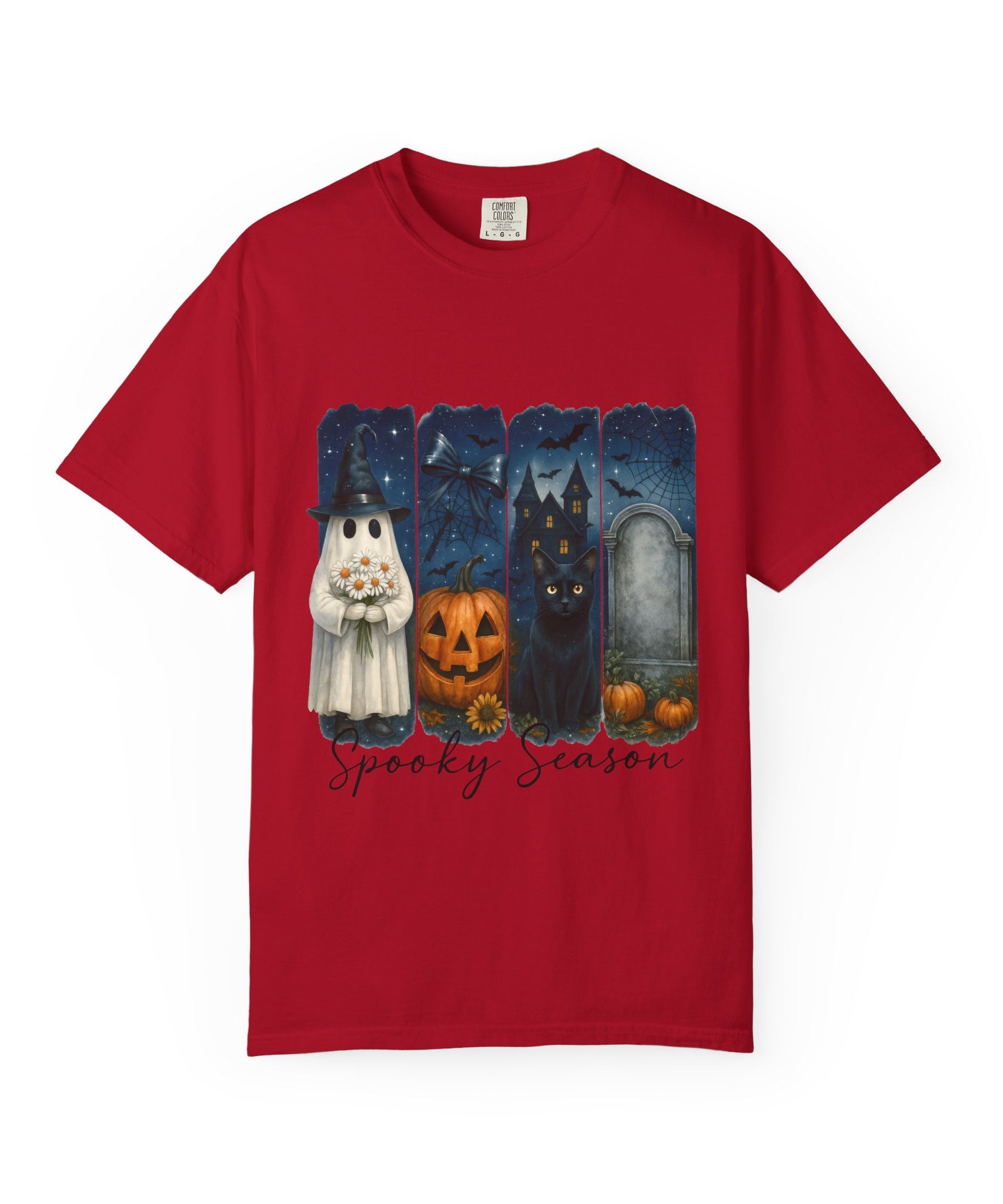 Spooky Season Halloween T-Shirt – Ghost, Black Cat, Pumpkin & Haunted House Design - Gallory Hive