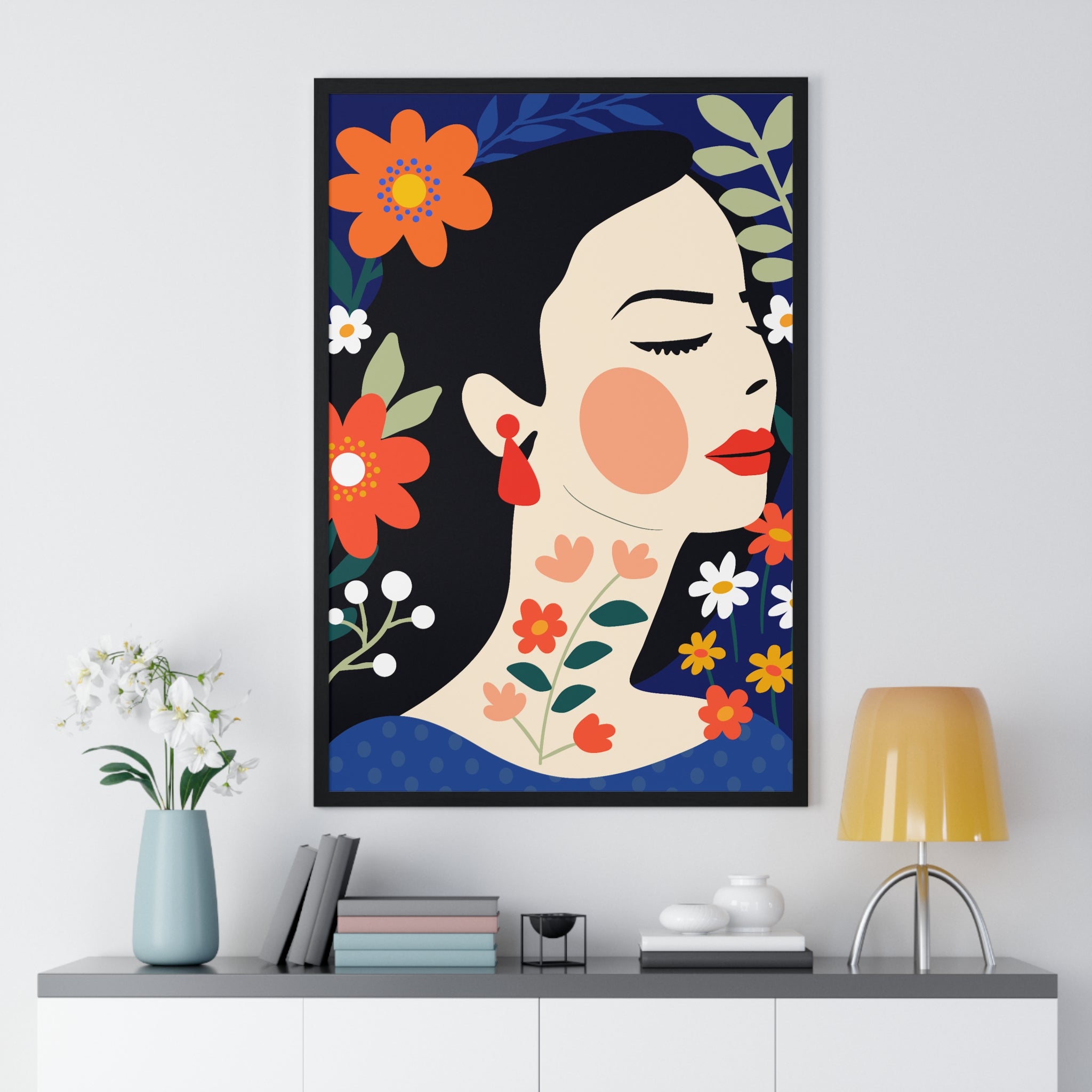 Serene Floral Portrait with Orange Flowers in Premium Frame