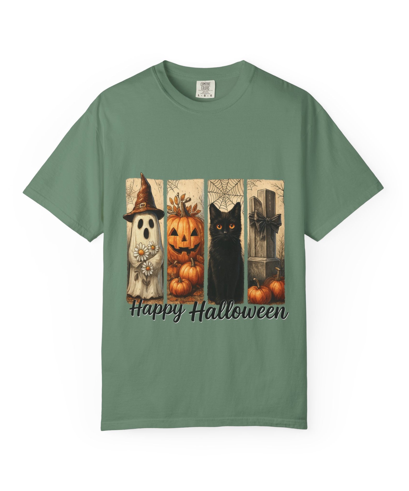 Happy Halloween Unisex T-Shirt – Ghost, Black Cat & Pumpkin Graphic Tee - Gallory Hive