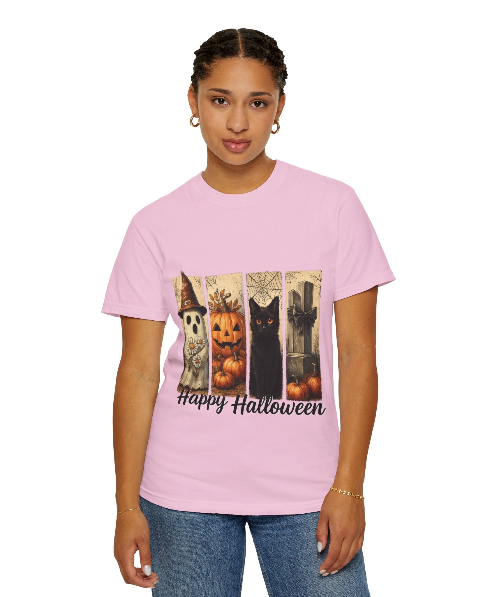 Happy Halloween Unisex T-Shirt – Ghost, Black Cat & Pumpkin Graphic Tee - Gallory Hive