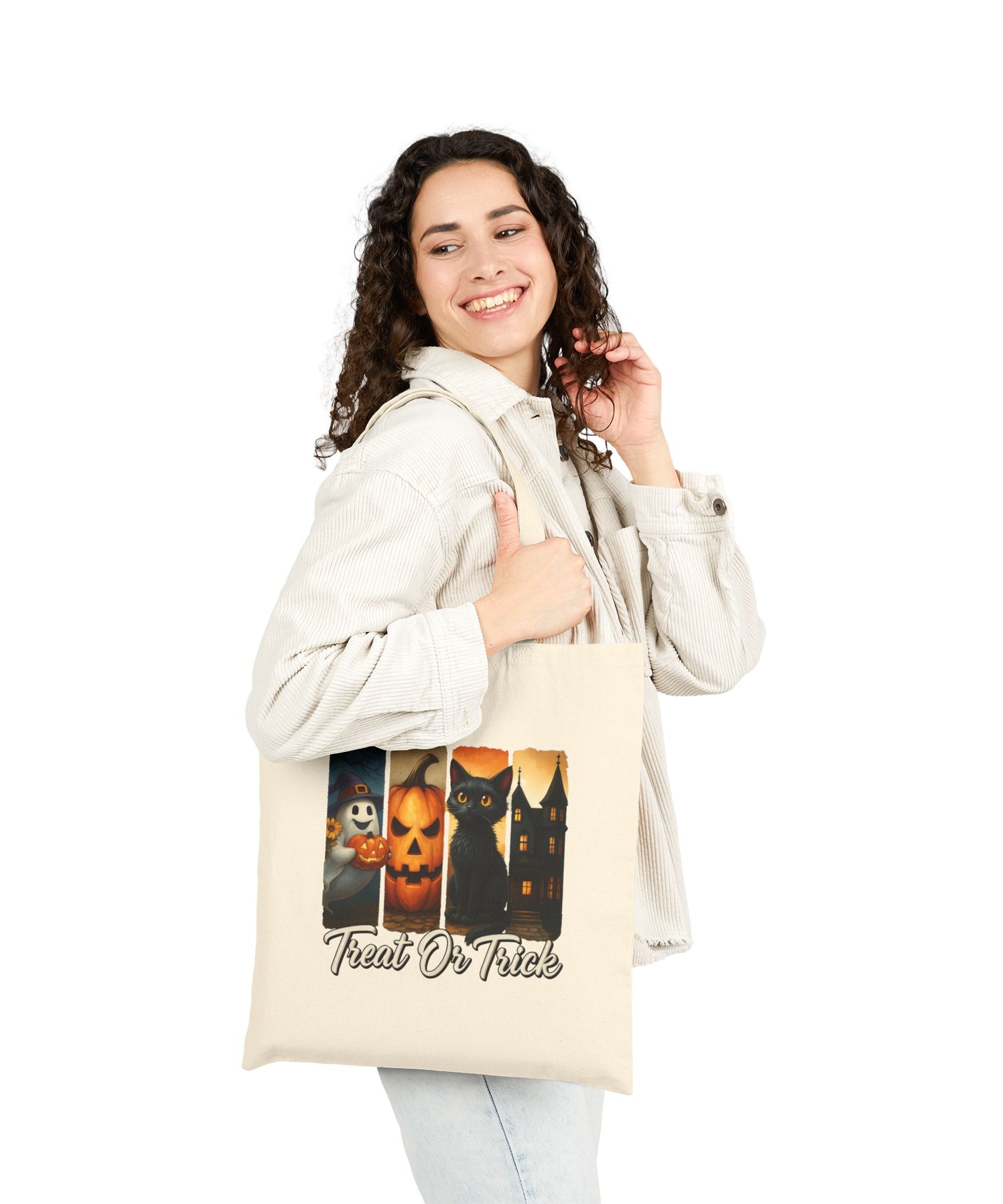 Halloween Tote Bag, Treat or Trick Cotton Bag, Spooky Season Reusable Shopper, Autumn Gift, Haunted House Tote, Cat Lover's Bag - Gallory Hive