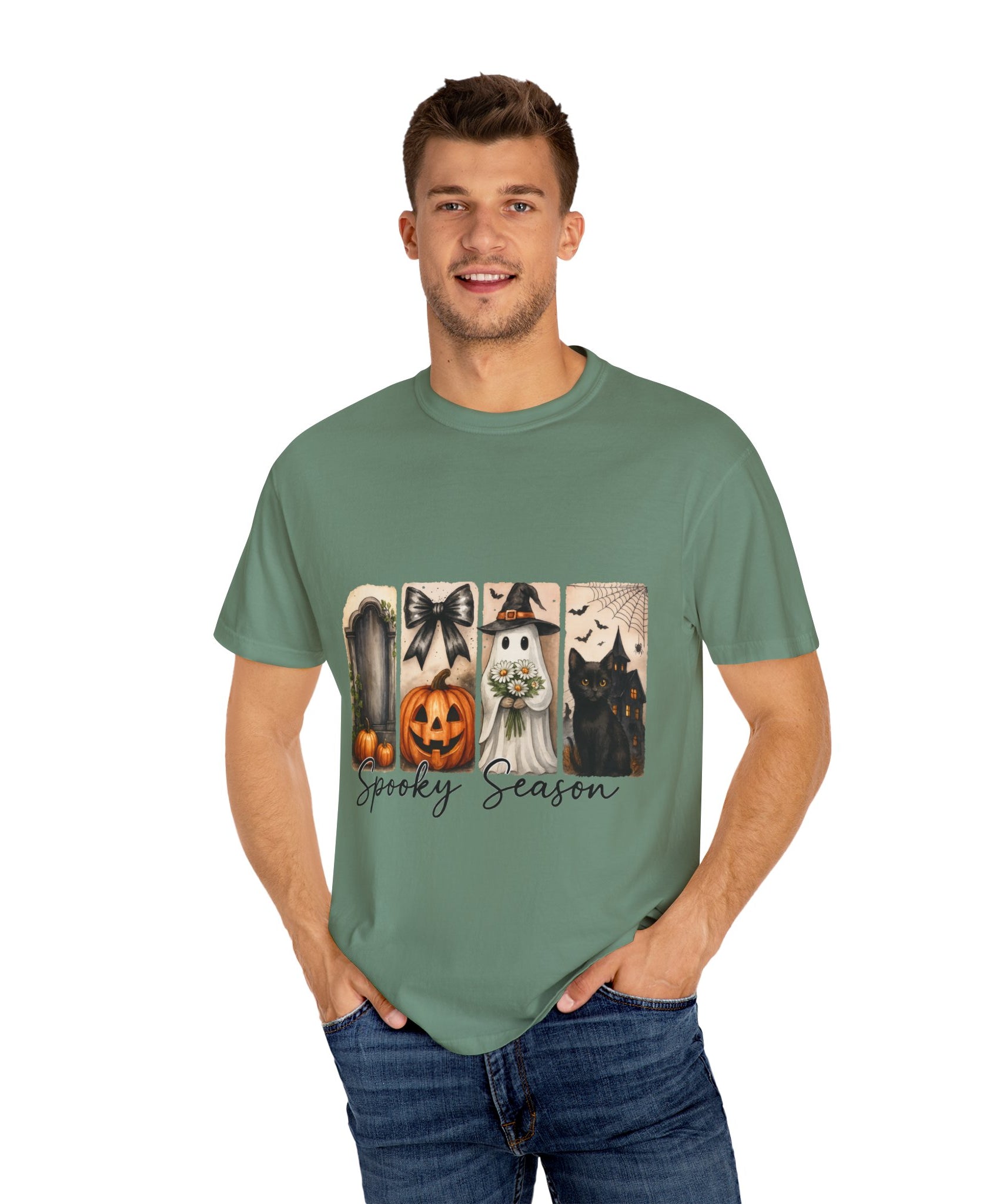 Spooky Season Unisex Halloween T-Shirt – Ghost, Black Cat, Pumpkin & Haunted House Art - Gallory Hive