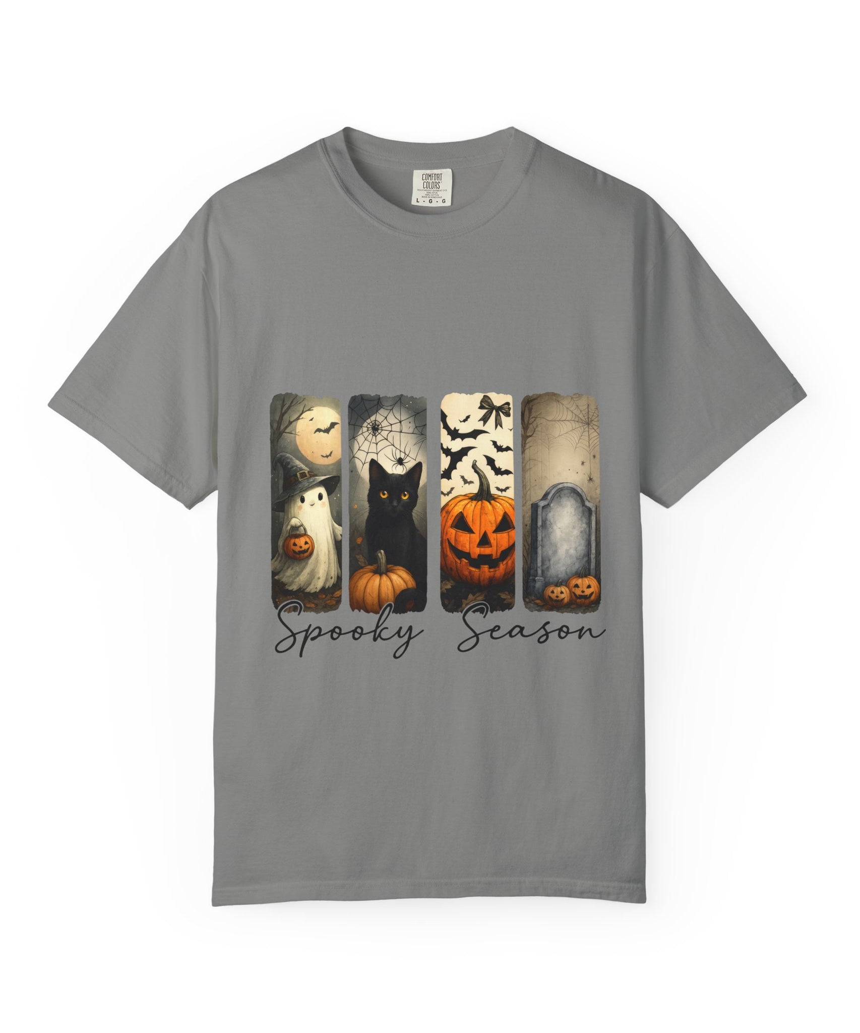 Halloween Night Unisex T-Shirt – Ghost, Black Cat, Pumpkin & Tombstone Vintage Art - Gallory Hive